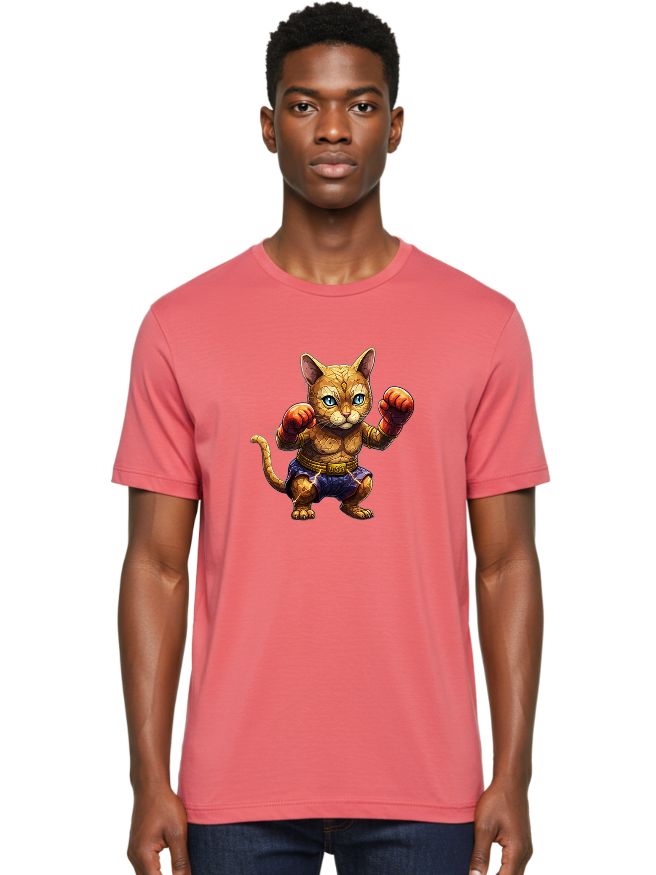 Kung-Fu-Cat-1 Men'S Graphic Tee, 100% Cotton, Comfortable Casual Summer Wear, Machine Washable, Cartoon Cat With Boxing Gloves, Muscular Cat, Fighting Stance, Blue Shorts, Gold Belt, Tiger-Like, Orange Fur, Intense Stare, Athletic Build, Bae481 22