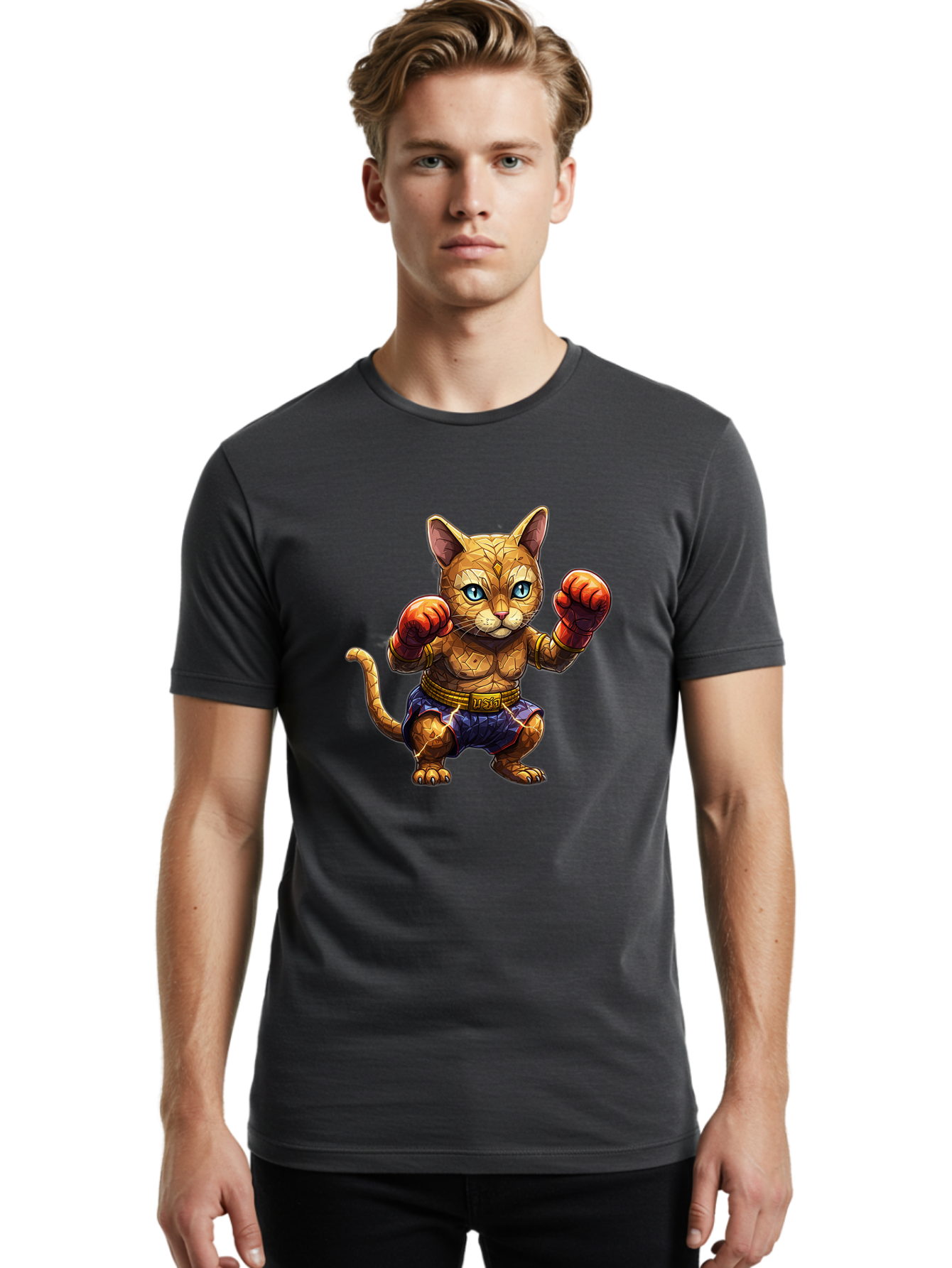 Kung-Fu-Cat-1 Men'S Graphic Tee, 100% Cotton, Comfortable Casual Summer Wear, Machine Washable, Cartoon Cat With Boxing Gloves, Muscular Cat, Fighting Stance, Blue Shorts, Gold Belt, Tiger-Like, Orange Fur, Intense Stare, Athletic Build, Bae481 17