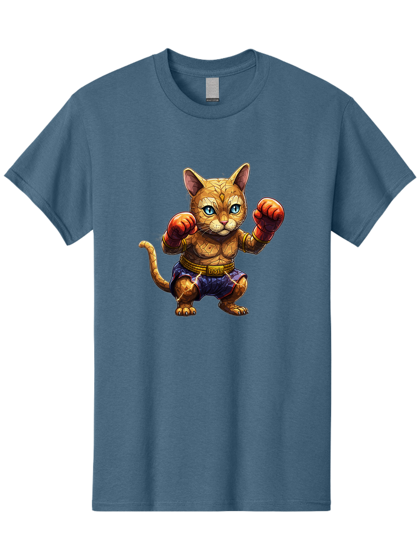 Kung-Fu-Cat-1 Men'S Graphic Tee, 100% Cotton, Comfortable Casual Summer Wear, Machine Washable, Cartoon Cat With Boxing Gloves, Muscular Cat, Fighting Stance, Blue Shorts, Gold Belt, Tiger-Like, Orange Fur, Intense Stare, Athletic Build, Bae481 15