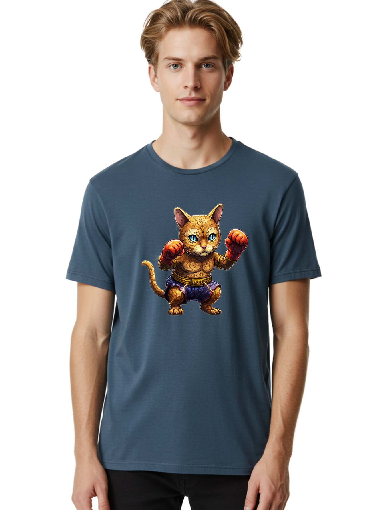 Kung-Fu-Cat-1 Men'S Graphic Tee, 100% Cotton, Comfortable Casual Summer Wear, Machine Washable, Cartoon Cat With Boxing Gloves, Muscular Cat, Fighting Stance, Blue Shorts, Gold Belt, Tiger-Like, Orange Fur, Intense Stare, Athletic Build, Bae481 30