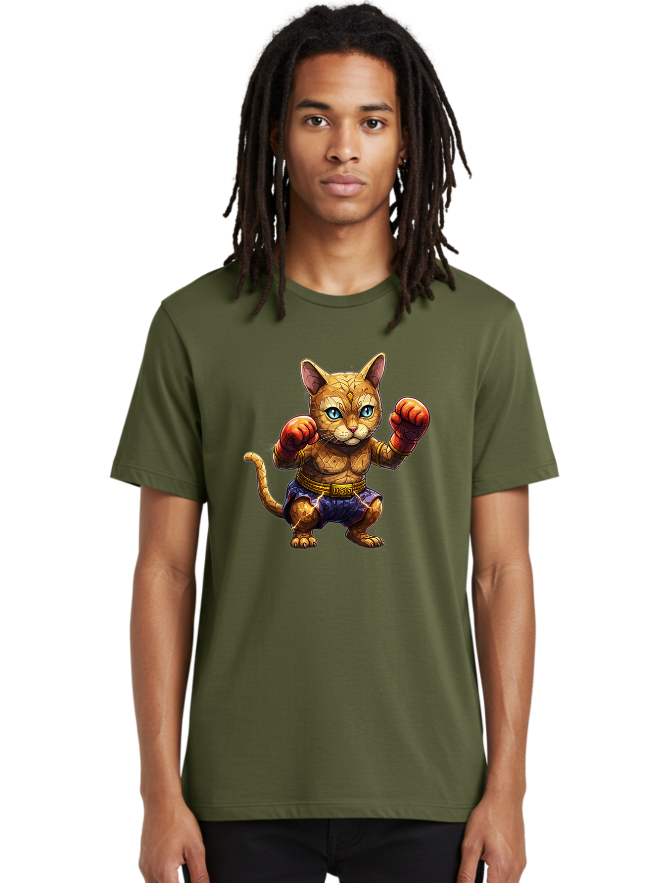 Kung-Fu-Cat-1 Men'S Graphic Tee, 100% Cotton, Comfortable Casual Summer Wear, Machine Washable, Cartoon Cat With Boxing Gloves, Muscular Cat, Fighting Stance, Blue Shorts, Gold Belt, Tiger-Like, Orange Fur, Intense Stare, Athletic Build, Bae481 18