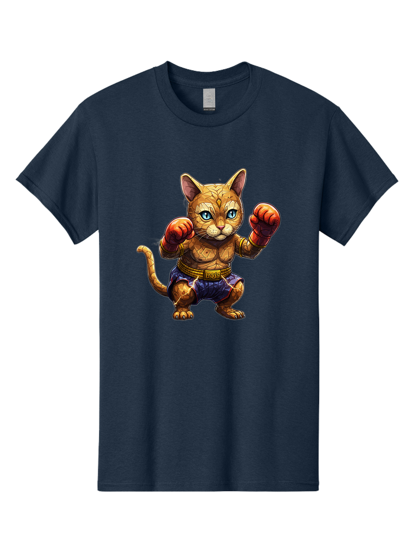 Kung-Fu-Cat-1 Men'S Graphic Tee, 100% Cotton, Comfortable Casual Summer Wear, Machine Washable, Cartoon Cat With Boxing Gloves, Muscular Cat, Fighting Stance, Blue Shorts, Gold Belt, Tiger-Like, Orange Fur, Intense Stare, Athletic Build, Bae481 5