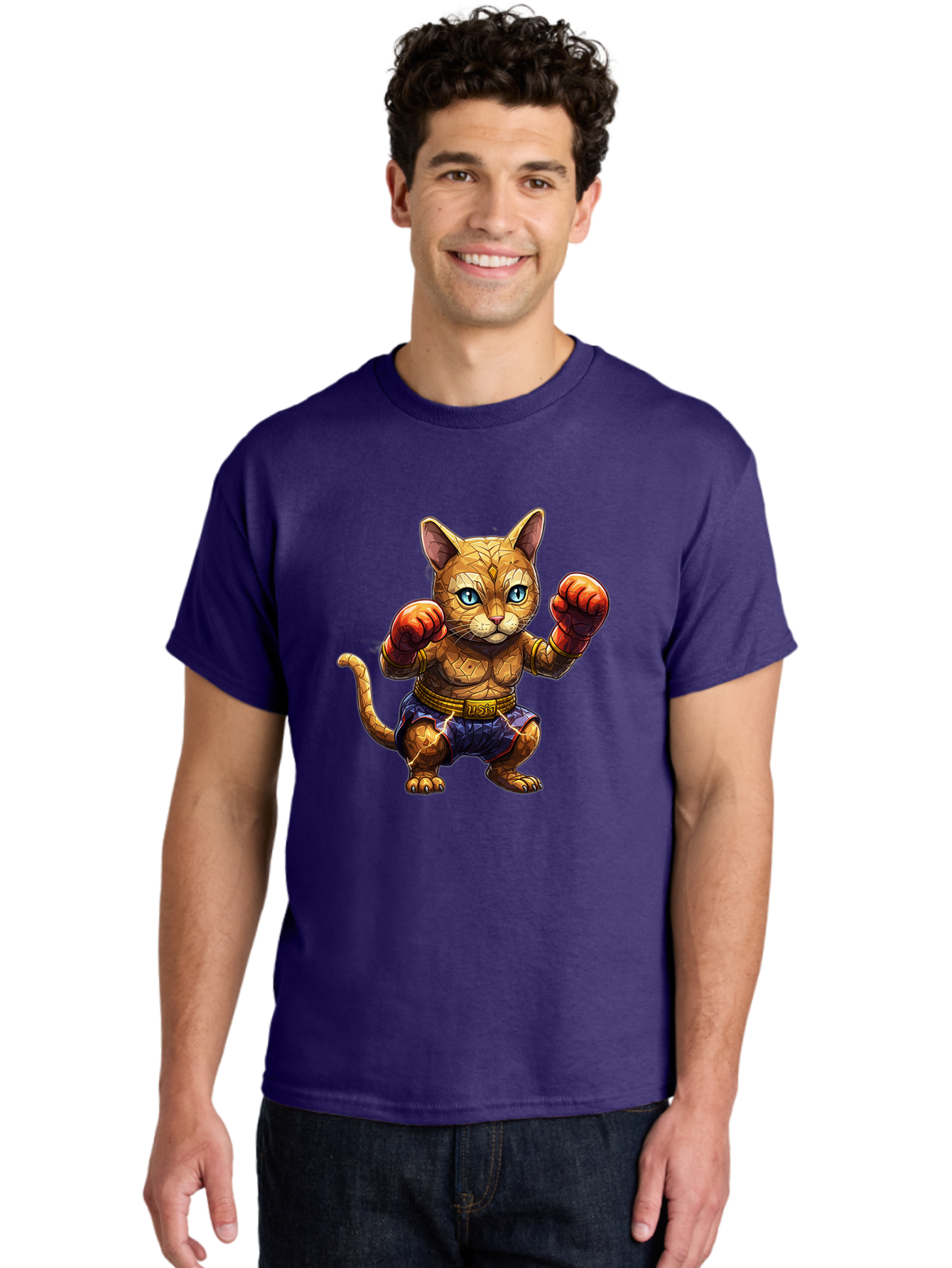 Kung-Fu-Cat-1 Men'S Graphic Tee, 100% Cotton, Comfortable Casual Summer Wear, Machine Washable, Cartoon Cat With Boxing Gloves, Muscular Cat, Fighting Stance, Blue Shorts, Gold Belt, Tiger-Like, Orange Fur, Intense Stare, Athletic Build, Bae481 25