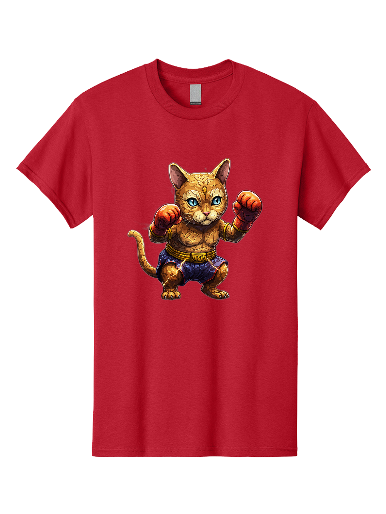 Kung-Fu-Cat-1 Men'S Graphic Tee, 100% Cotton, Comfortable Casual Summer Wear, Machine Washable, Cartoon Cat With Boxing Gloves, Muscular Cat, Fighting Stance, Blue Shorts, Gold Belt, Tiger-Like, Orange Fur, Intense Stare, Athletic Build, Bae481 11
