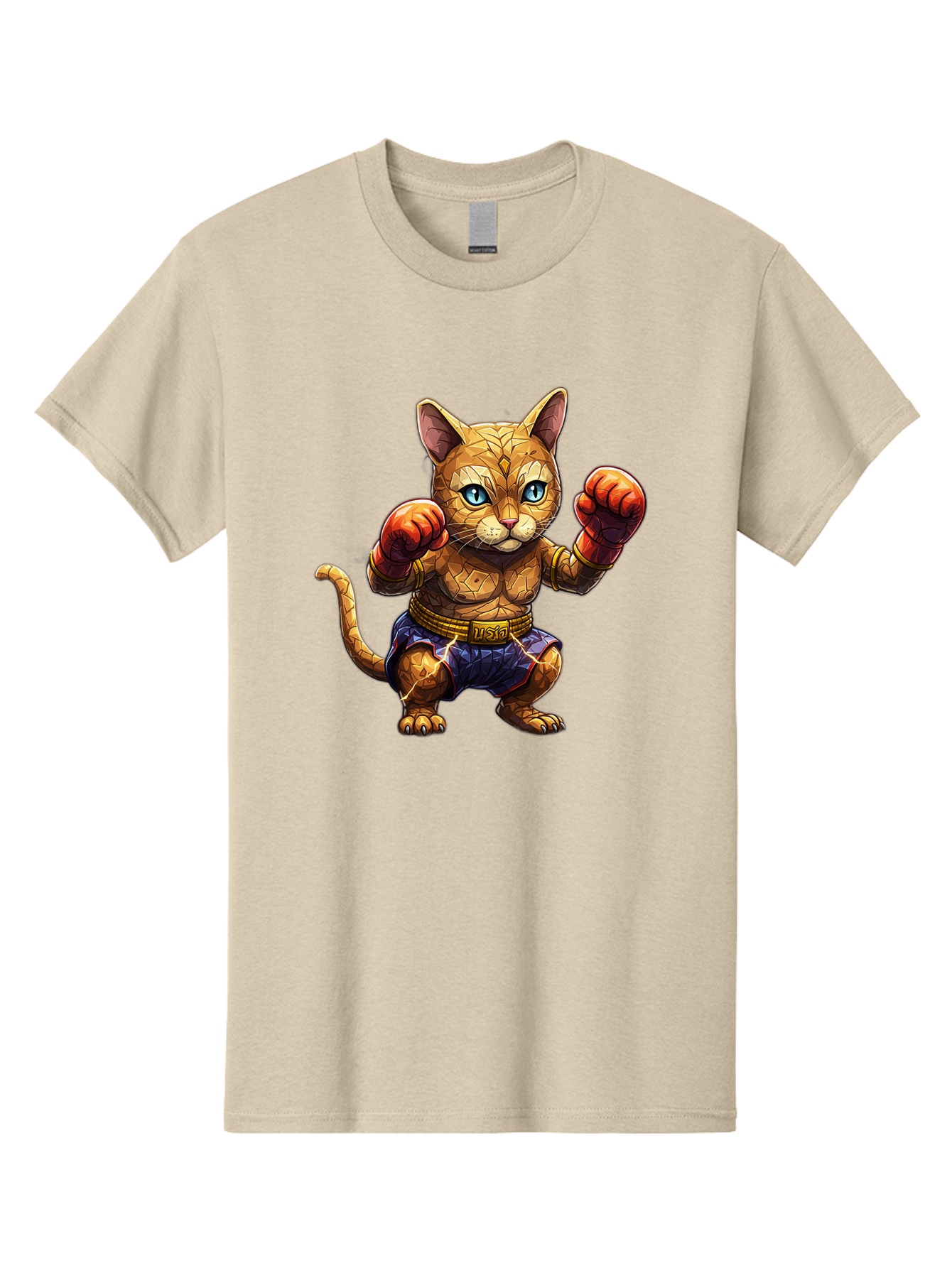 Kung-Fu-Cat-1 Men'S Graphic Tee, 100% Cotton, Comfortable Casual Summer Wear, Machine Washable, Cartoon Cat With Boxing Gloves, Muscular Cat, Fighting Stance, Blue Shorts, Gold Belt, Tiger-Like, Orange Fur, Intense Stare, Athletic Build, Bae481 14