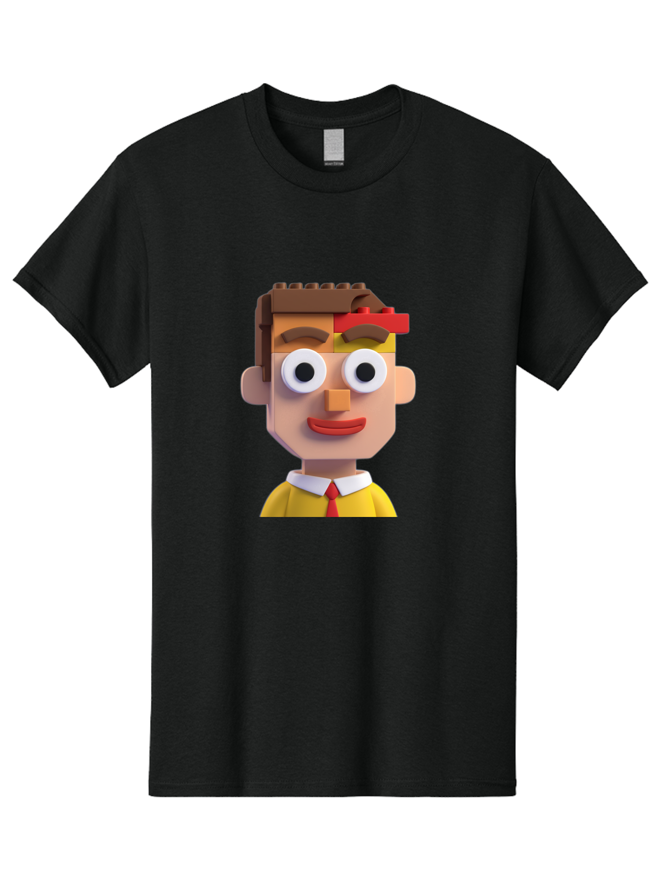 Lego-Man Men'S Graphic Tee, 100% Cotton, Comfortable Casual Summer Wear, Machine Washable, Cartoon Character, Lego Bricks, 3D Model, Funny Face, Large Eyes, Red Tie, Yellow Shirt, White Collar, Playful Design, Digital Art, Character Design Bae483 15