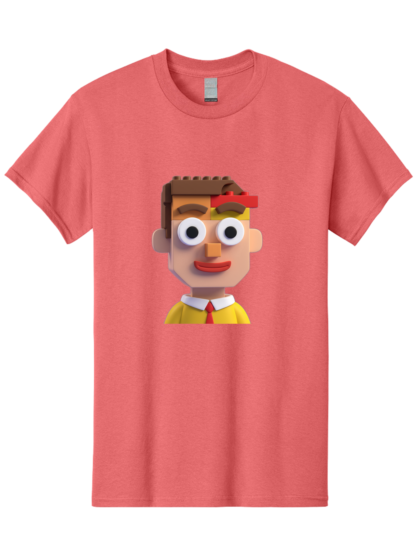 Lego-Man Men'S Graphic Tee, 100% Cotton, Comfortable Casual Summer Wear, Machine Washable, Cartoon Character, Lego Bricks, 3D Model, Funny Face, Large Eyes, Red Tie, Yellow Shirt, White Collar, Playful Design, Digital Art, Character Design Bae483 2