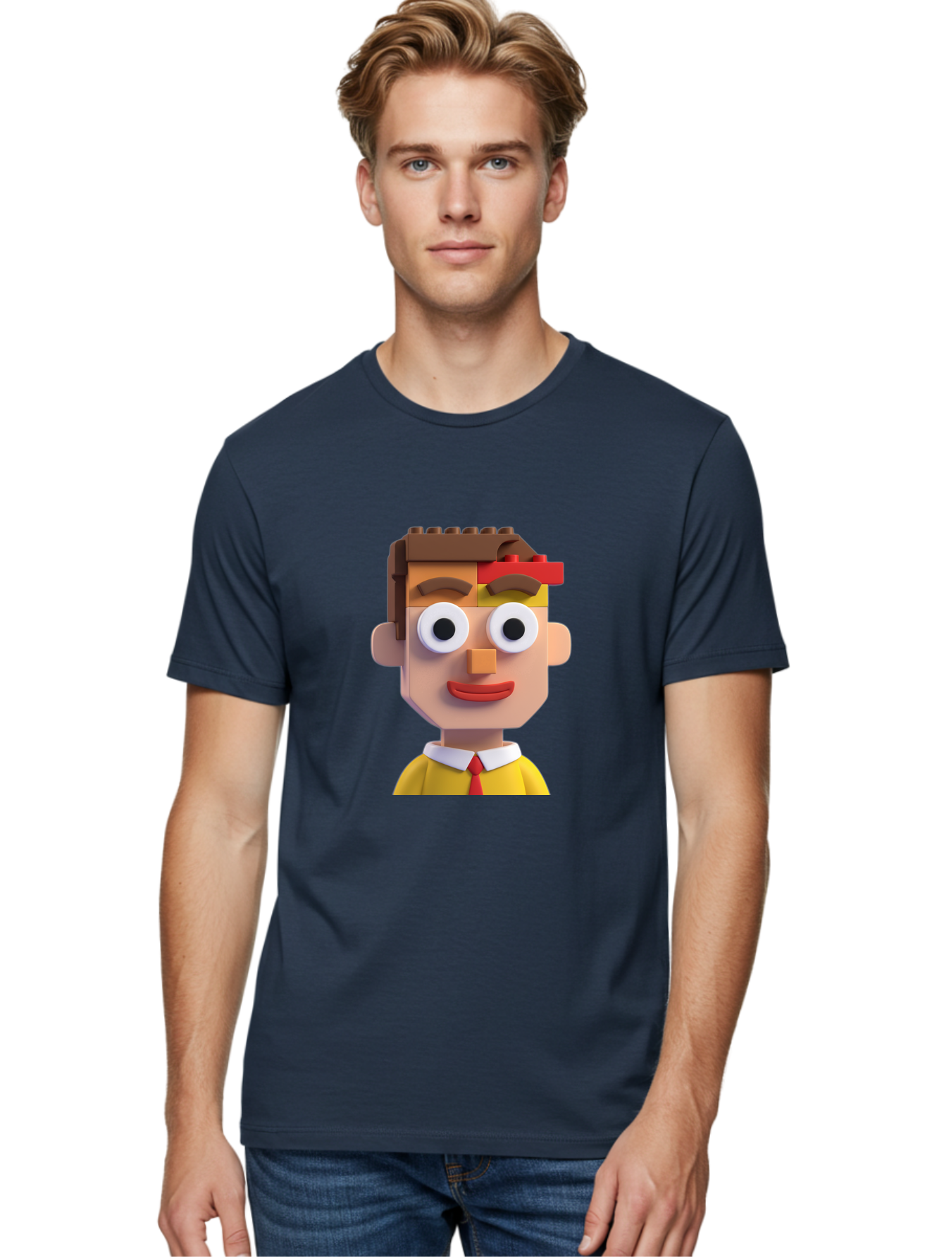 Lego-Man Men'S Graphic Tee, 100% Cotton, Comfortable Casual Summer Wear, Machine Washable, Cartoon Character, Lego Bricks, 3D Model, Funny Face, Large Eyes, Red Tie, Yellow Shirt, White Collar, Playful Design, Digital Art, Character Design Bae483 27