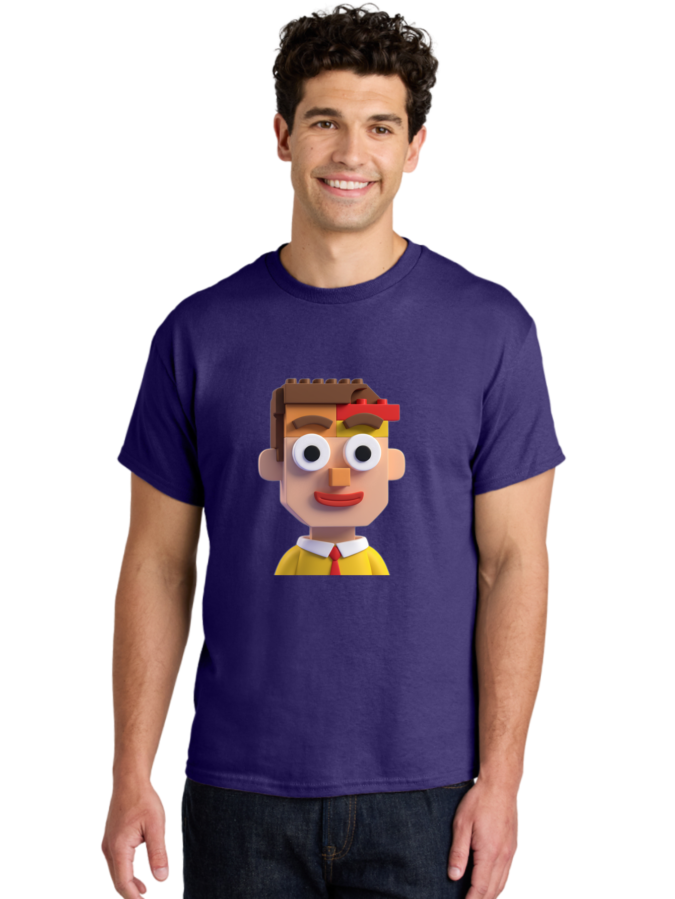 Lego-Man Men'S Graphic Tee, 100% Cotton, Comfortable Casual Summer Wear, Machine Washable, Cartoon Character, Lego Bricks, 3D Model, Funny Face, Large Eyes, Red Tie, Yellow Shirt, White Collar, Playful Design, Digital Art, Character Design Bae483 24
