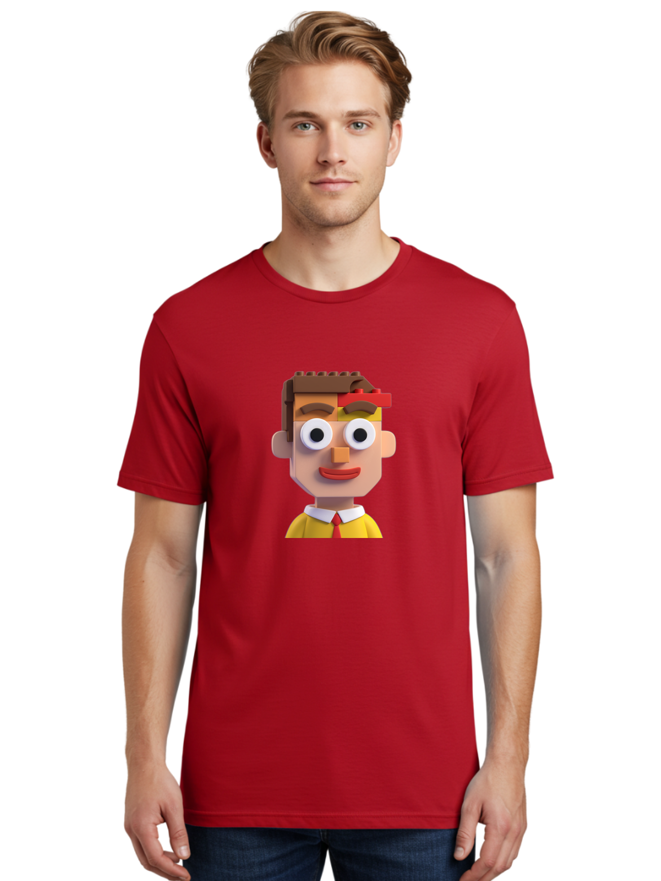 Lego-Man Men'S Graphic Tee, 100% Cotton, Comfortable Casual Summer Wear, Machine Washable, Cartoon Character, Lego Bricks, 3D Model, Funny Face, Large Eyes, Red Tie, Yellow Shirt, White Collar, Playful Design, Digital Art, Character Design Bae483 16