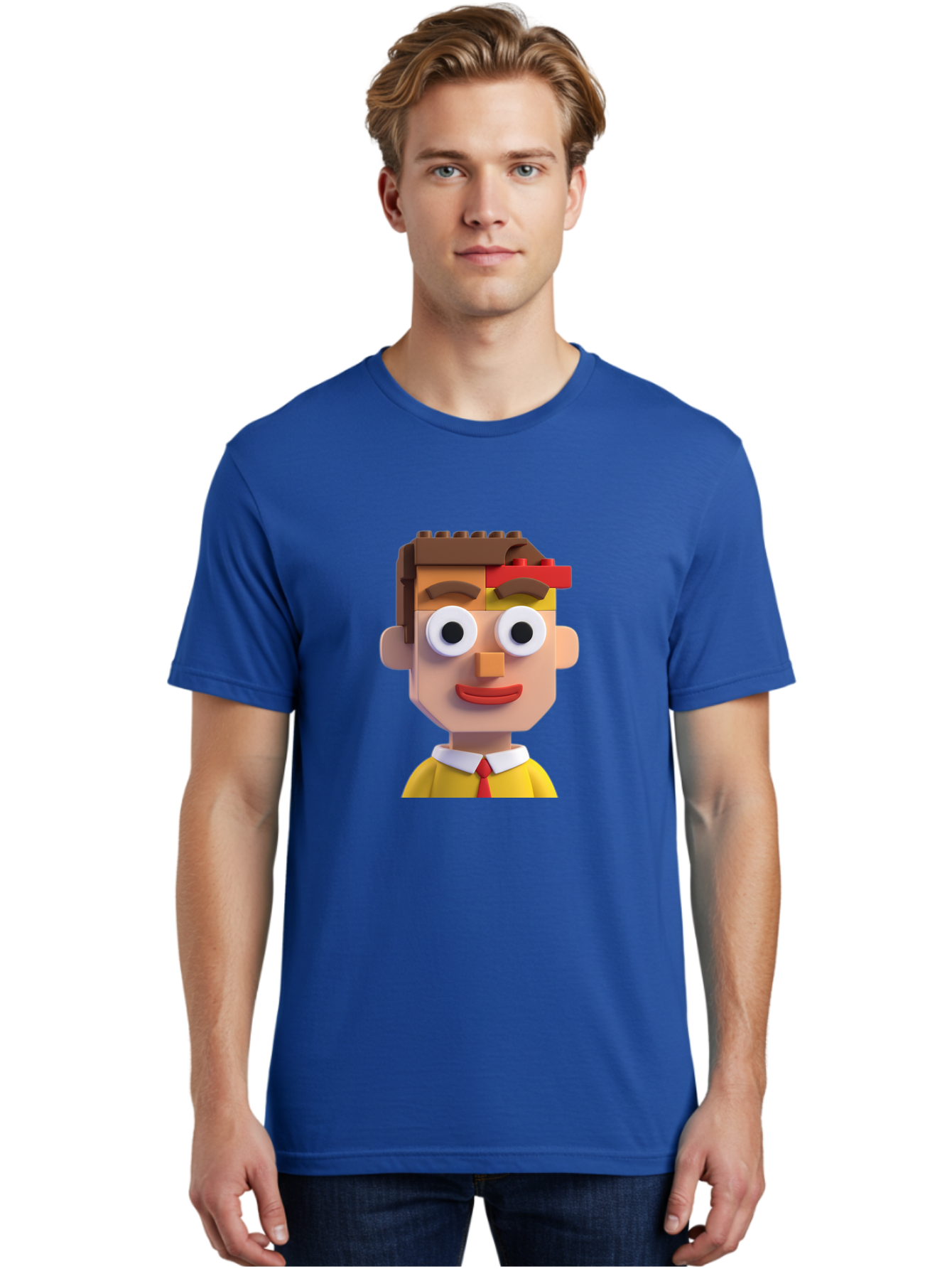 Lego-Man Men'S Graphic Tee, 100% Cotton, Comfortable Casual Summer Wear, Machine Washable, Cartoon Character, Lego Bricks, 3D Model, Funny Face, Large Eyes, Red Tie, Yellow Shirt, White Collar, Playful Design, Digital Art, Character Design Bae483 20