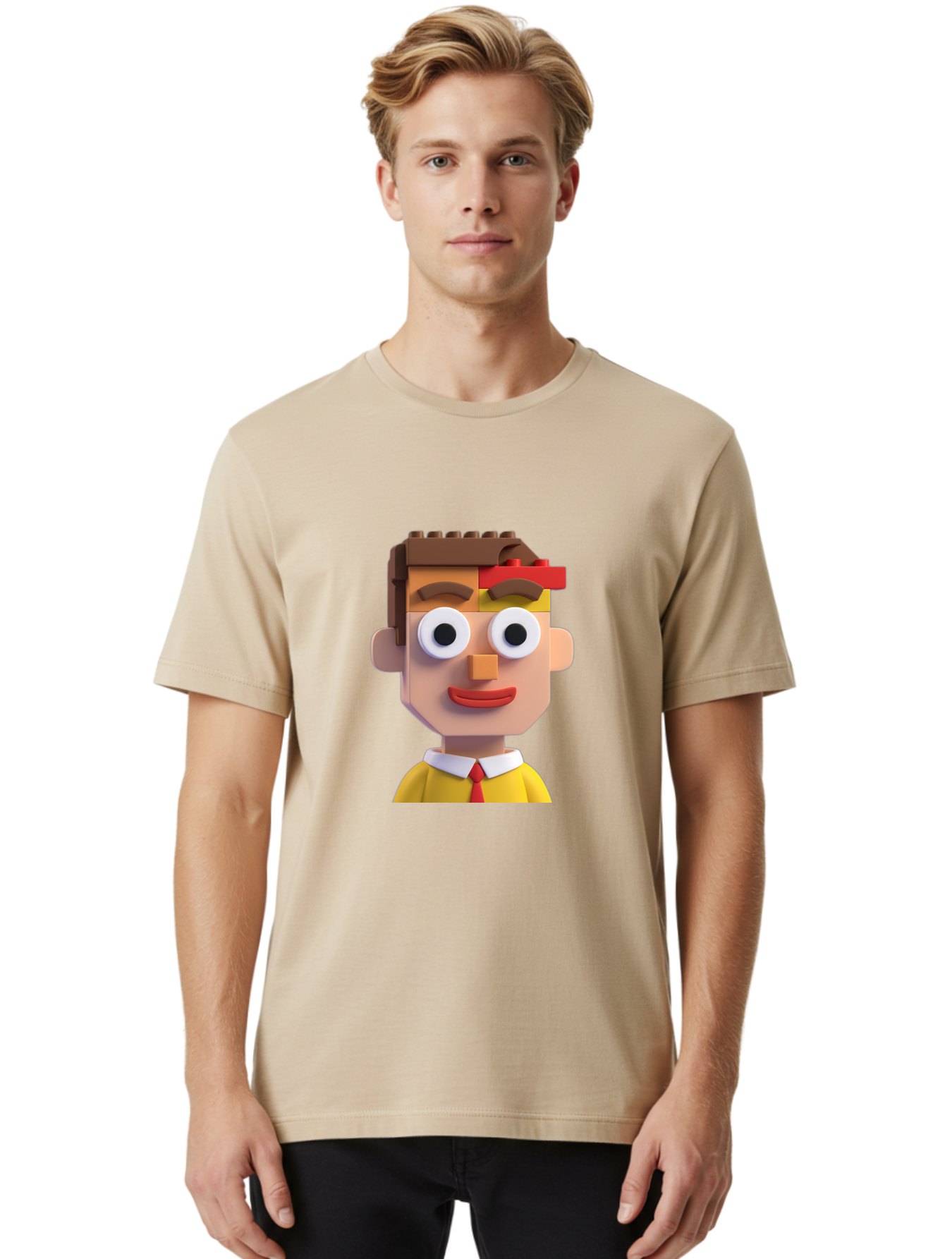 Lego-Man Men'S Graphic Tee, 100% Cotton, Comfortable Casual Summer Wear, Machine Washable, Cartoon Character, Lego Bricks, 3D Model, Funny Face, Large Eyes, Red Tie, Yellow Shirt, White Collar, Playful Design, Digital Art, Character Design Bae483 19