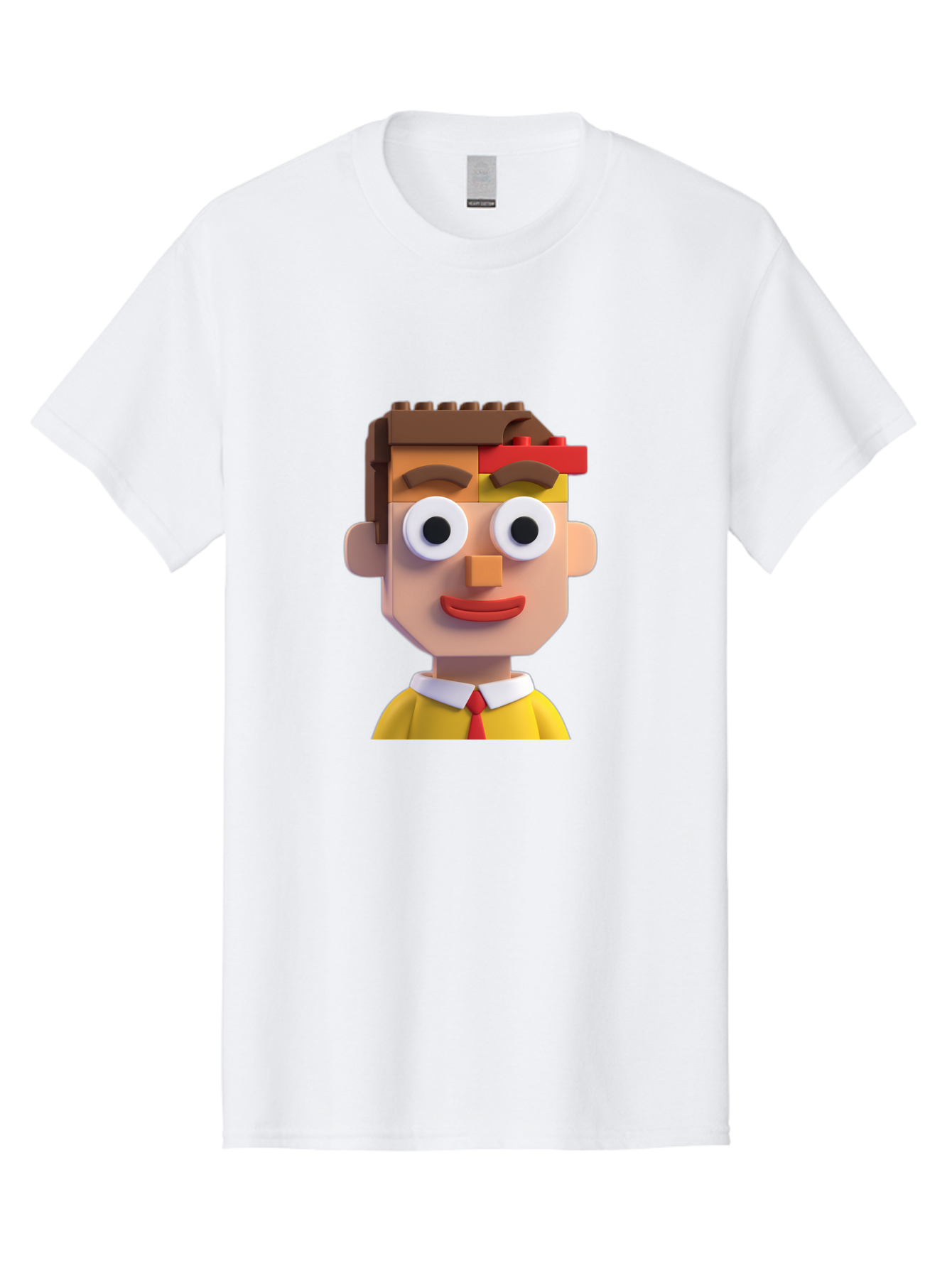 Lego-Man Men'S Graphic Tee, 100% Cotton, Comfortable Casual Summer Wear, Machine Washable, Cartoon Character, Lego Bricks, 3D Model, Funny Face, Large Eyes, Red Tie, Yellow Shirt, White Collar, Playful Design, Digital Art, Character Design Bae483 8