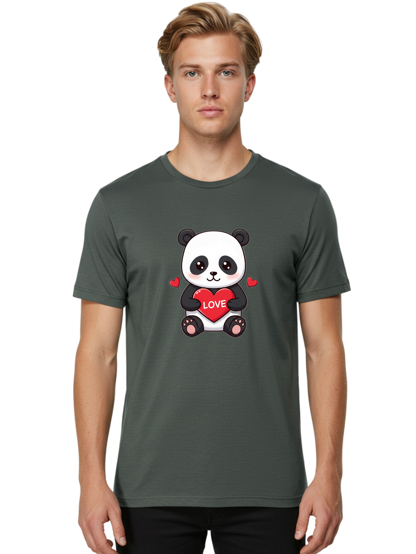 Love-Panda Men'S Graphic Tee, 100% Cotton, Comfortable Casual Summer Wear, Machine Washable, Cute Panda Bear, Love Heart, Red Heart With Love, Adorable Cartoon Character, Kawaii Illustration, Heartwarming Scene, Panda Love Bae486 29