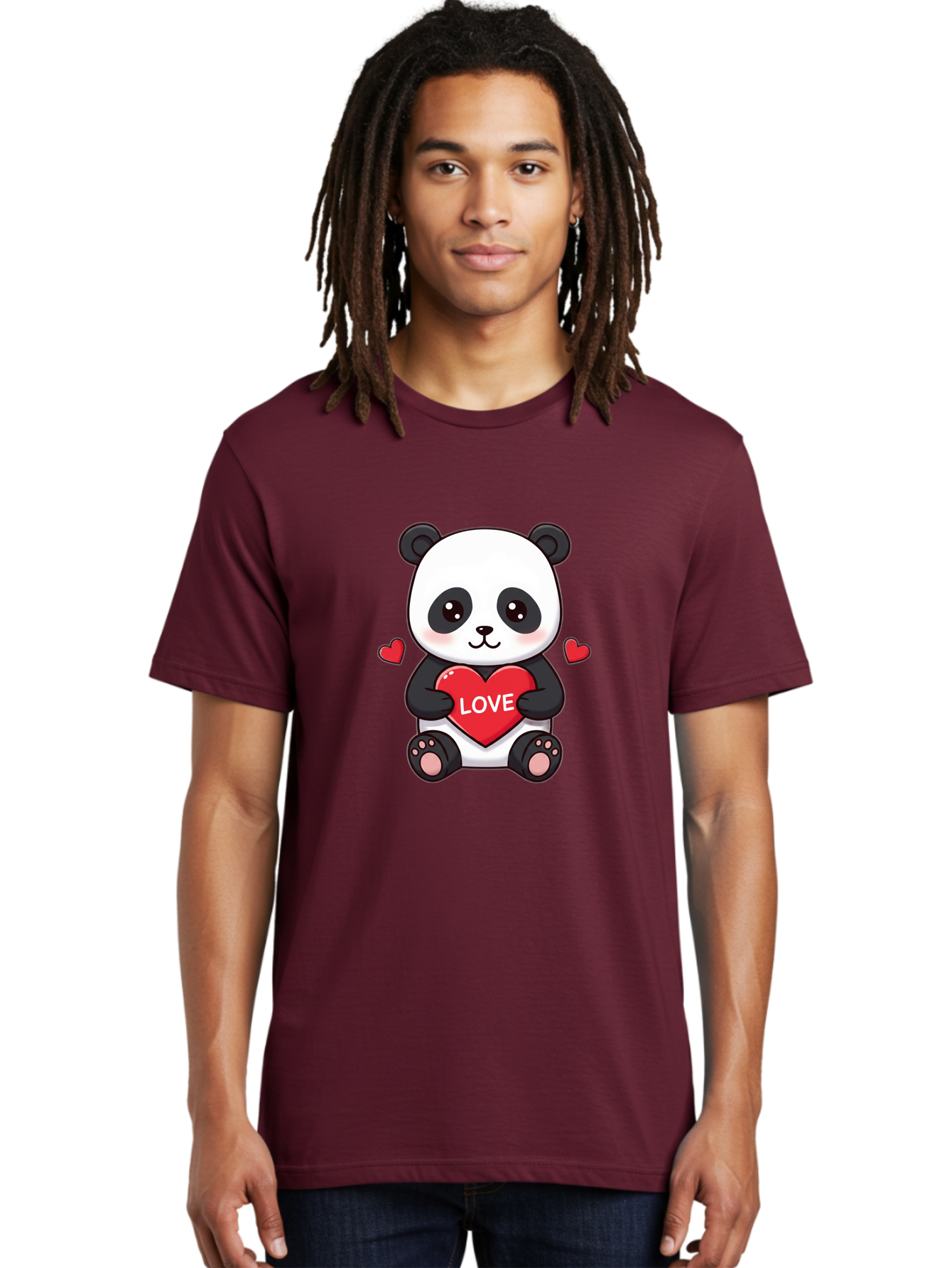 Love-Panda Men'S Graphic Tee, 100% Cotton, Comfortable Casual Summer Wear, Machine Washable, Cute Panda Bear, Love Heart, Red Heart With Love, Adorable Cartoon Character, Kawaii Illustration, Heartwarming Scene, Panda Love Bae486 28