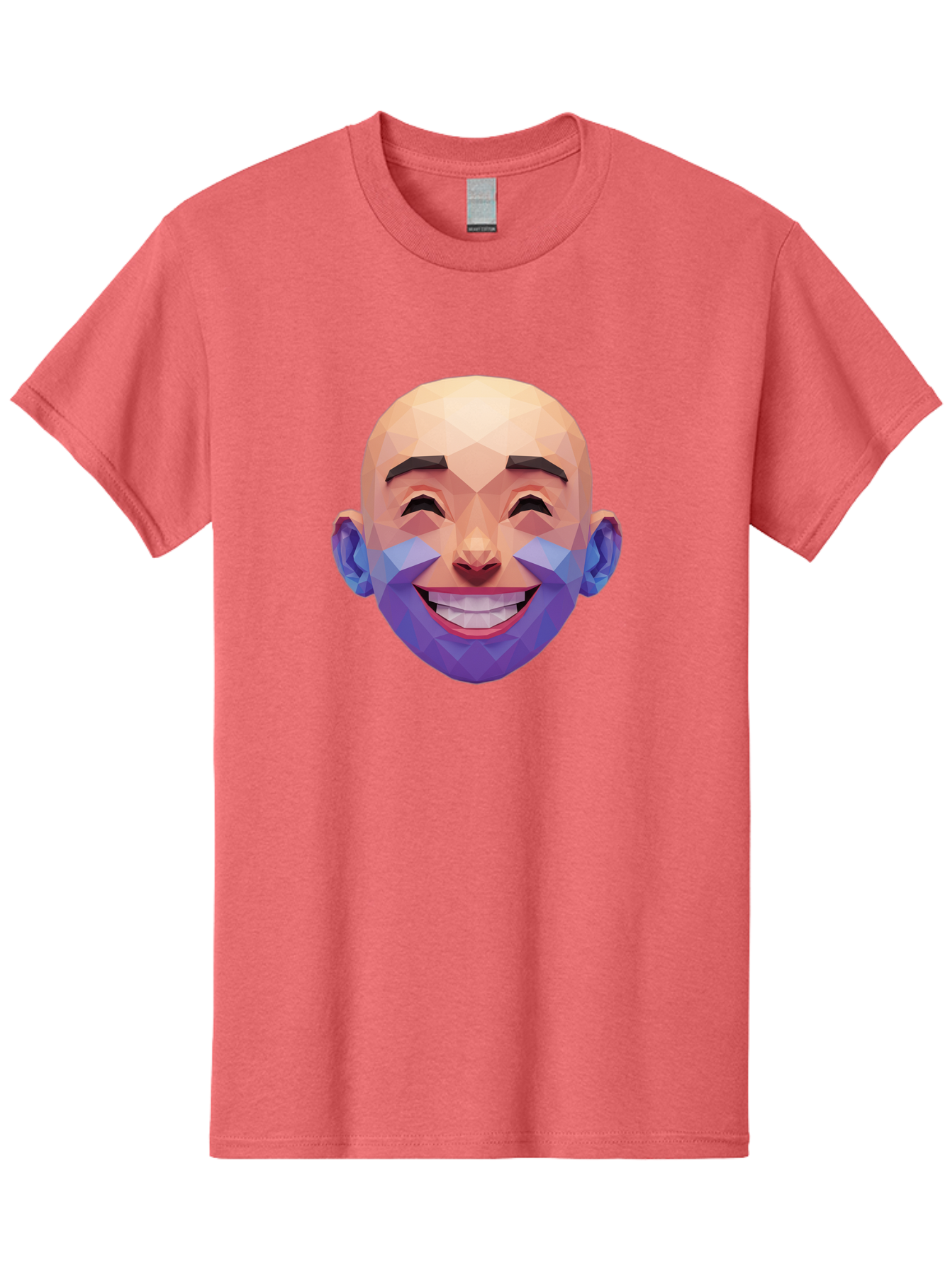 Low-Poly-Face Men'S Graphic Tee, 100% Cotton, Comfortable Casual Summer Wear, Machine Washable, Low Poly Art, 3D Model, Smiling Face, Bald Man, Purple Beard, Happy Expression, Geometric Shapes, Cartoon Style, Digital Art, Modern Design Bae487 5