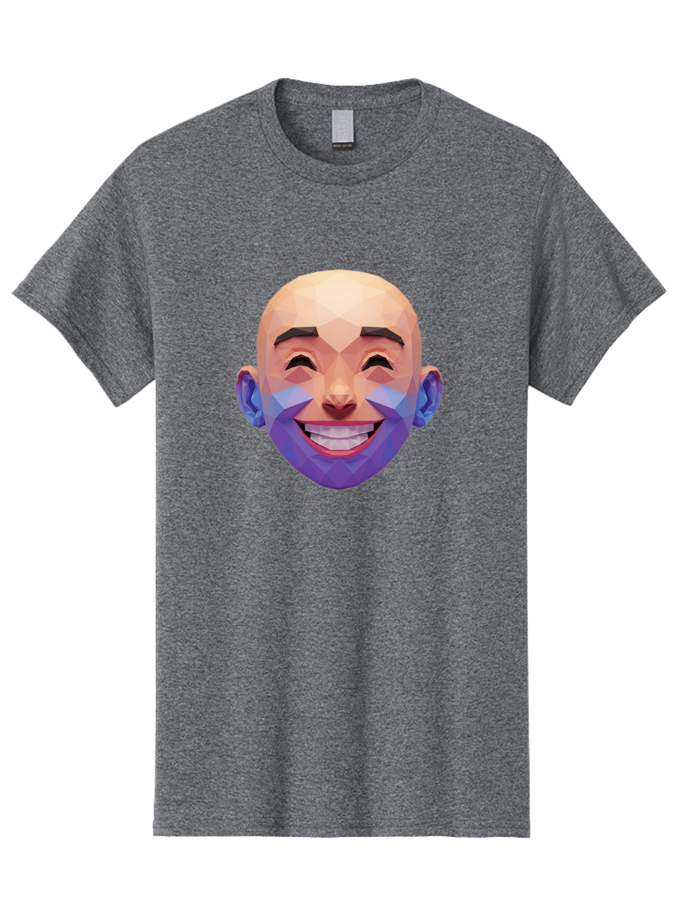 Low-Poly-Face Men'S Graphic Tee, 100% Cotton, Comfortable Casual Summer Wear, Machine Washable, Low Poly Art, 3D Model, Smiling Face, Bald Man, Purple Beard, Happy Expression, Geometric Shapes, Cartoon Style, Digital Art, Modern Design Bae487 7