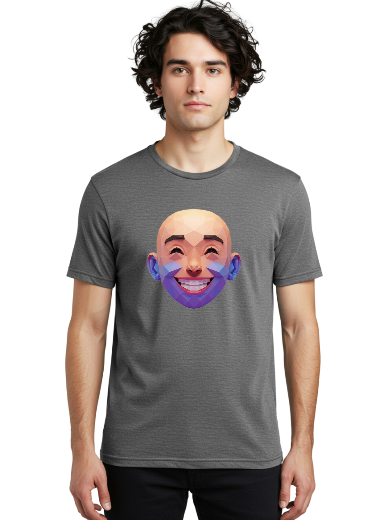 Low-Poly-Face Men'S Graphic Tee, 100% Cotton, Comfortable Casual Summer Wear, Machine Washable, Low Poly Art, 3D Model, Smiling Face, Bald Man, Purple Beard, Happy Expression, Geometric Shapes, Cartoon Style, Digital Art, Modern Design Bae487 22