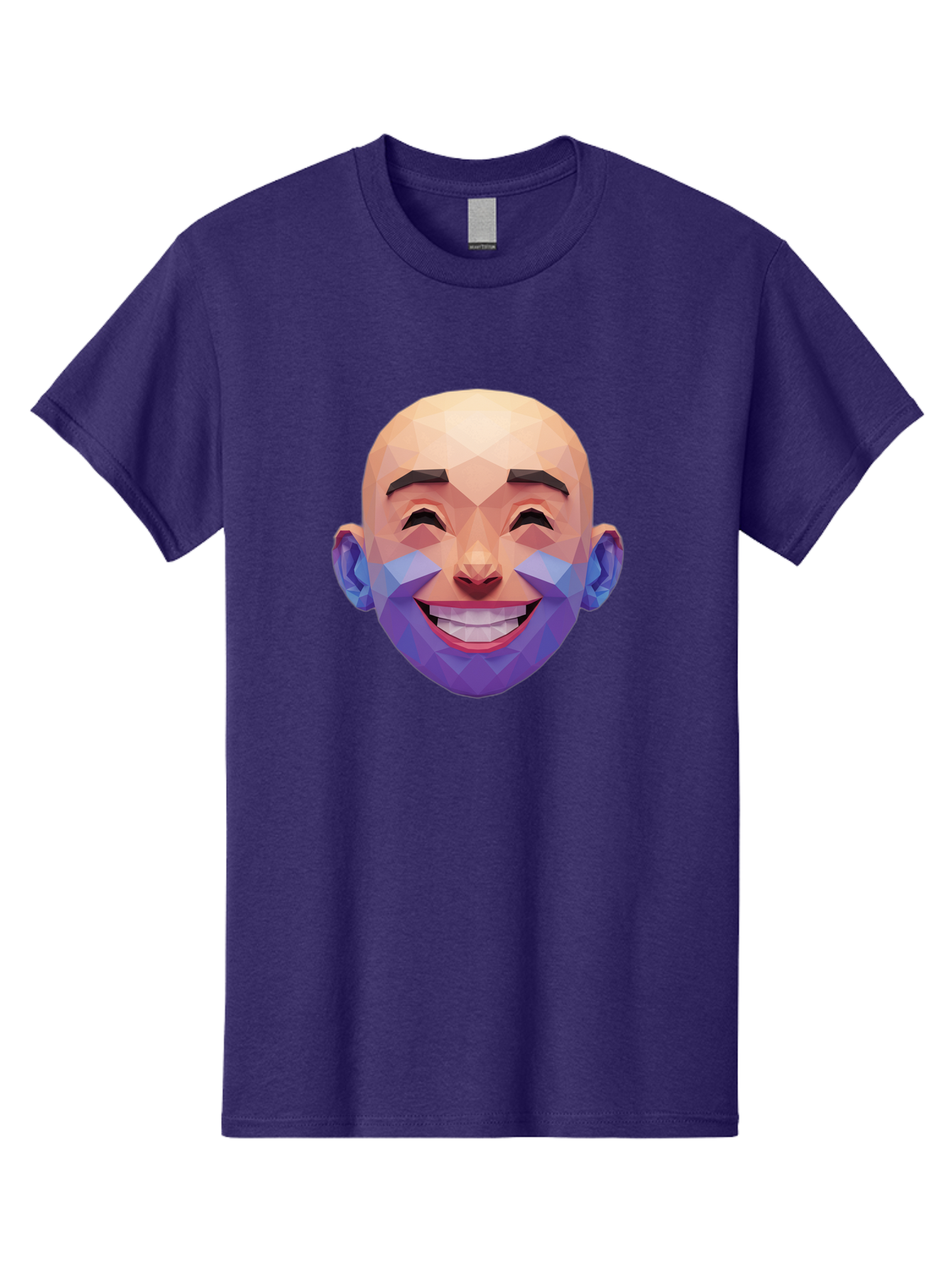 Low-Poly-Face Men'S Graphic Tee, 100% Cotton, Comfortable Casual Summer Wear, Machine Washable, Low Poly Art, 3D Model, Smiling Face, Bald Man, Purple Beard, Happy Expression, Geometric Shapes, Cartoon Style, Digital Art, Modern Design Bae487 10