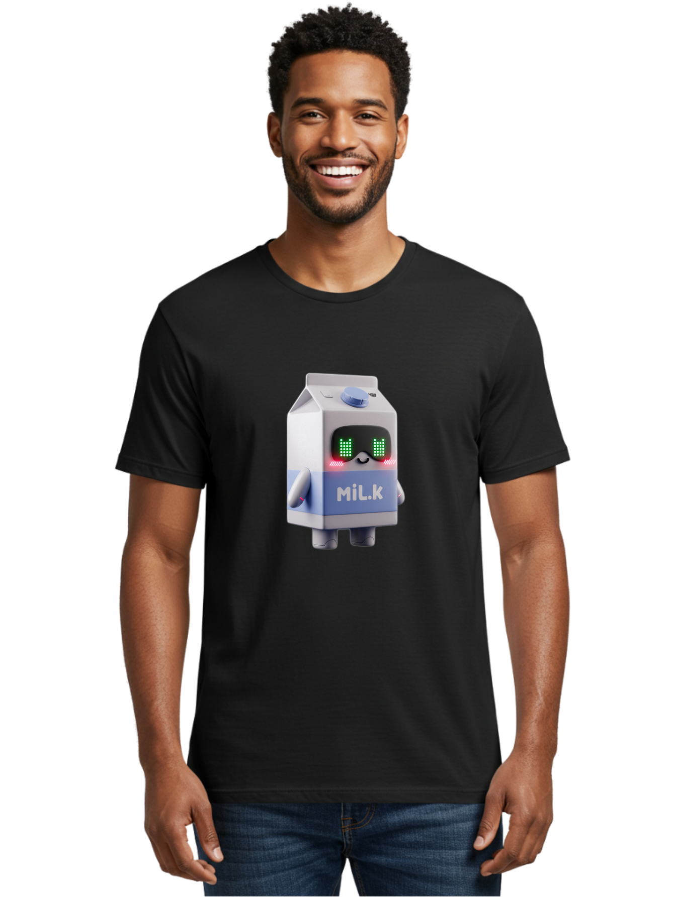 Mil-K-Milk-Carton-Robot Men'S Graphic Tee, 100% Cotton, Comfortable Casual Summer Wear, Machine Washable, Cartoon Milk Carton, Robotic Character, Digital Illustration, Futuristic Design, Glowing Eyes, Led Lights, Cute Mascot, Dairy Product, Bae495 16