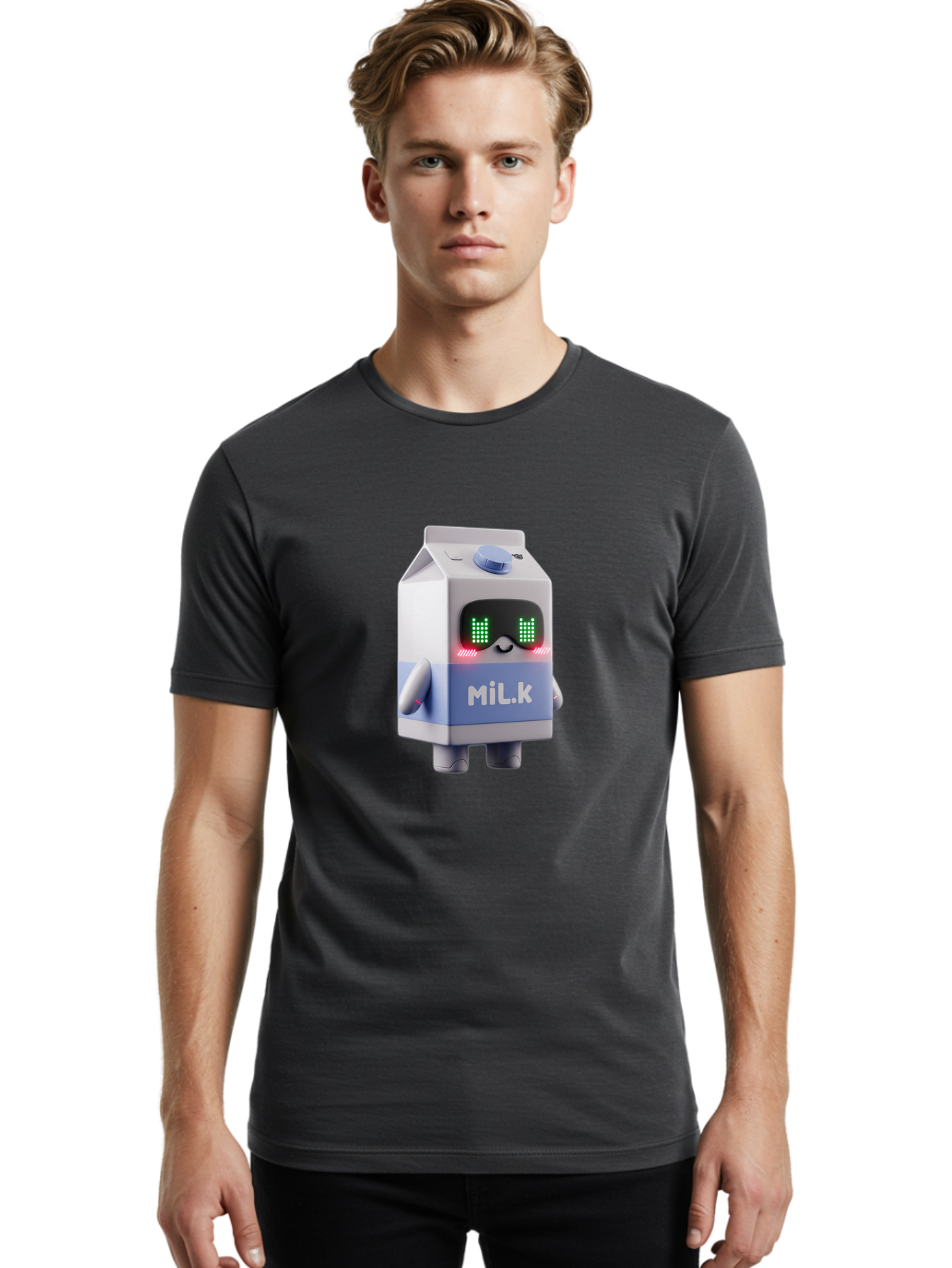 Mil-K-Milk-Carton-Robot Men'S Graphic Tee, 100% Cotton, Comfortable Casual Summer Wear, Machine Washable, Cartoon Milk Carton, Robotic Character, Digital Illustration, Futuristic Design, Glowing Eyes, Led Lights, Cute Mascot, Dairy Product, Bae495 19