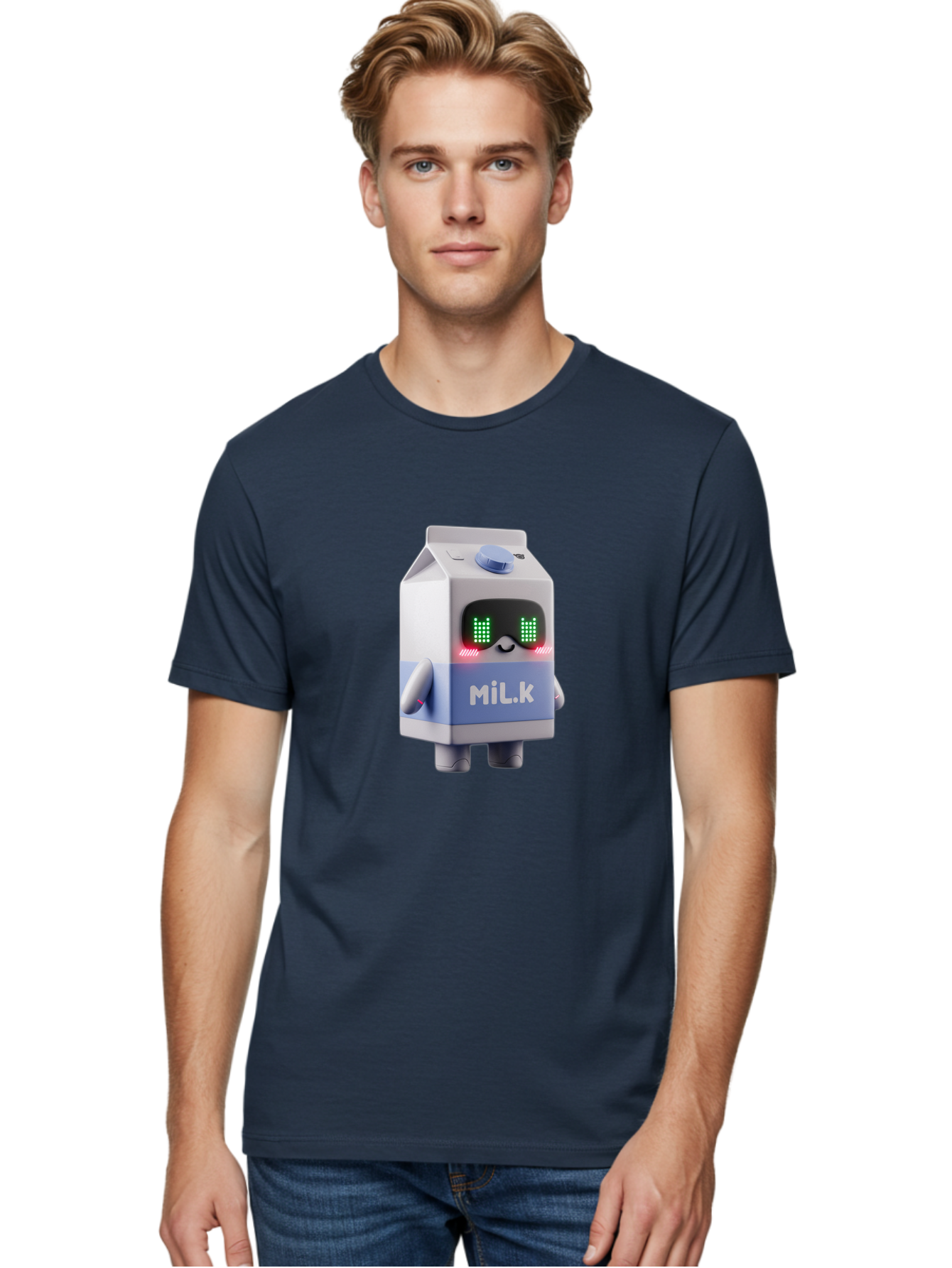 Mil-K-Milk-Carton-Robot Men'S Graphic Tee, 100% Cotton, Comfortable Casual Summer Wear, Machine Washable, Cartoon Milk Carton, Robotic Character, Digital Illustration, Futuristic Design, Glowing Eyes, Led Lights, Cute Mascot, Dairy Product, Bae495 28