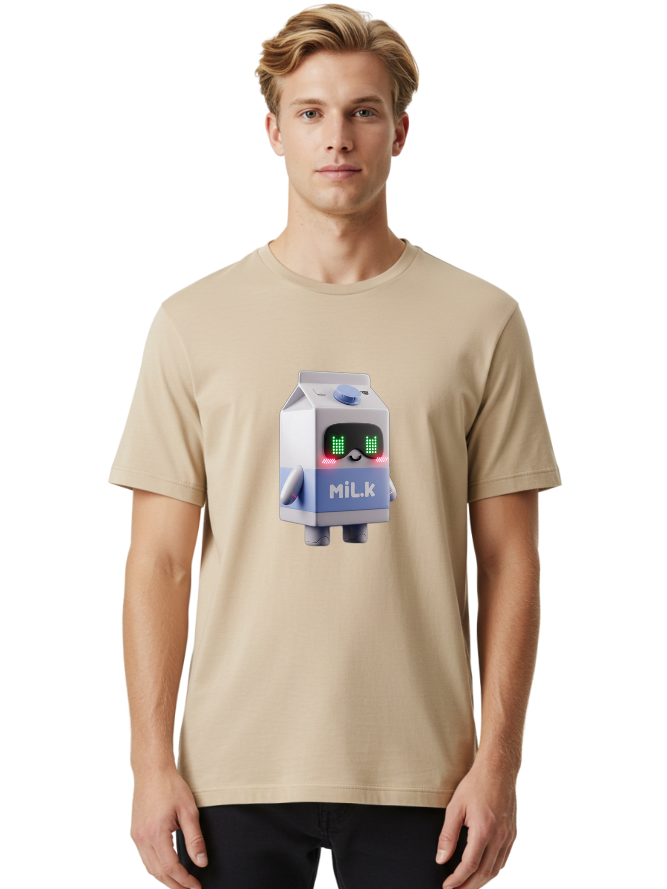 Mil-K-Milk-Carton-Robot Men'S Graphic Tee, 100% Cotton, Comfortable Casual Summer Wear, Machine Washable, Cartoon Milk Carton, Robotic Character, Digital Illustration, Futuristic Design, Glowing Eyes, Led Lights, Cute Mascot, Dairy Product, Bae495 21
