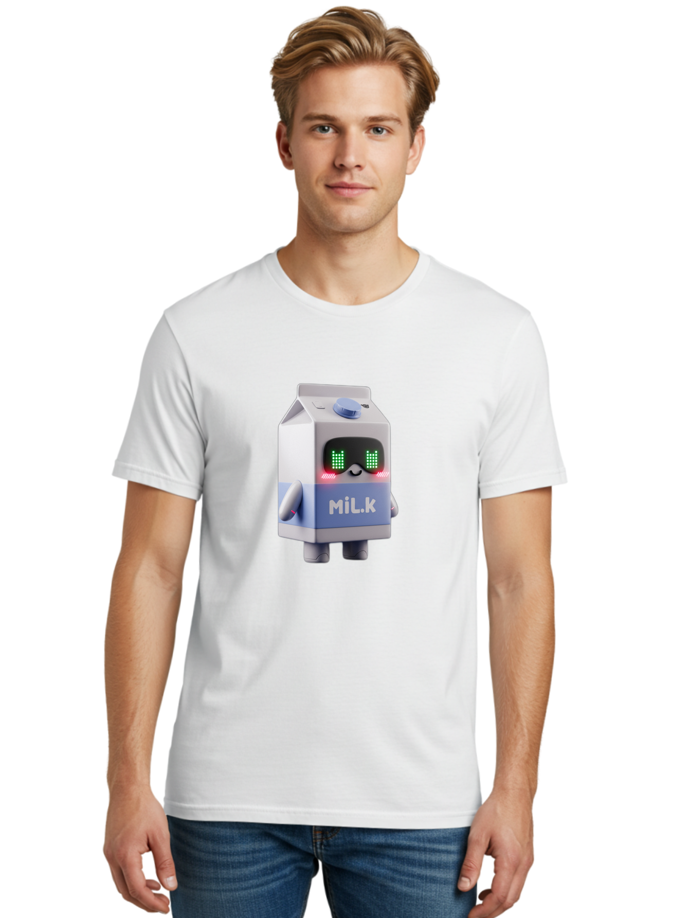 Mil-K-Milk-Carton-Robot Men'S Graphic Tee, 100% Cotton, Comfortable Casual Summer Wear, Machine Washable, Cartoon Milk Carton, Robotic Character, Digital Illustration, Futuristic Design, Glowing Eyes, Led Lights, Cute Mascot, Dairy Product, Bae495 30