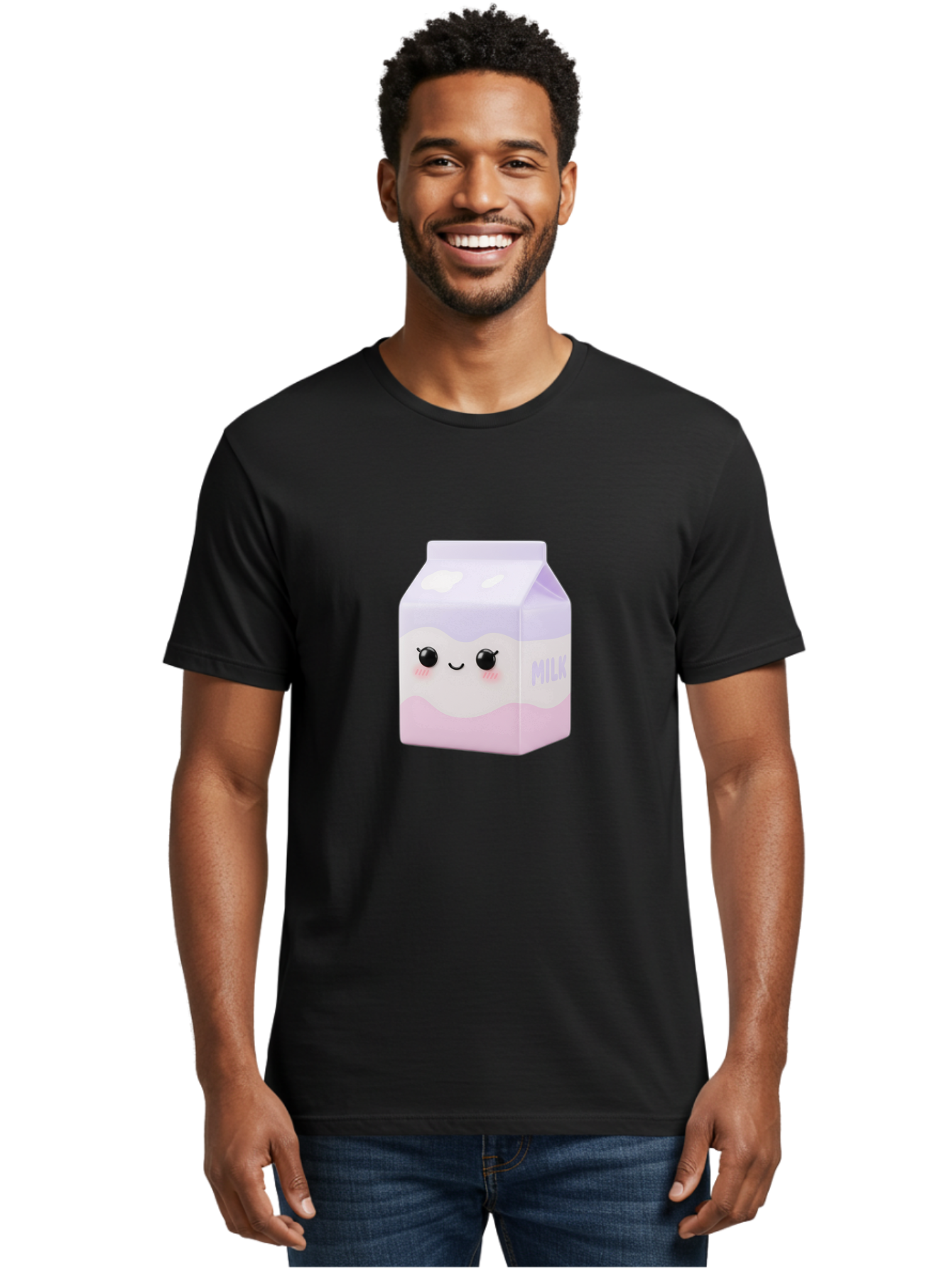 Milk-1 Men'S Graphic Tee, 100% Cotton, Comfortable Casual Summer Wear, Machine Washable, Carton Of Milk, Cute Face, Smiling Eyes, Pink Blush, Kawaii Character, Dairy Product, Funny Illustration, Purple And Pink Colors, Whimsical Design Bae496 26