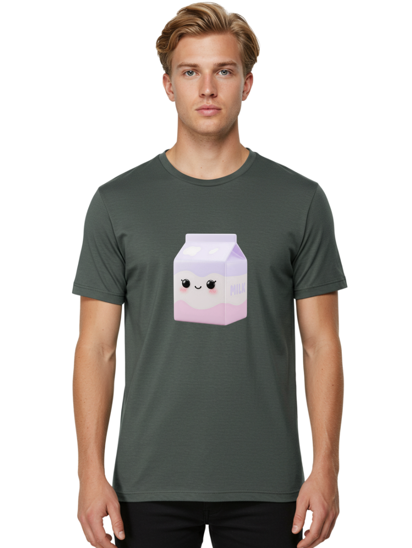 Milk-1 Men'S Graphic Tee, 100% Cotton, Comfortable Casual Summer Wear, Machine Washable, Carton Of Milk, Cute Face, Smiling Eyes, Pink Blush, Kawaii Character, Dairy Product, Funny Illustration, Purple And Pink Colors, Whimsical Design Bae496 16