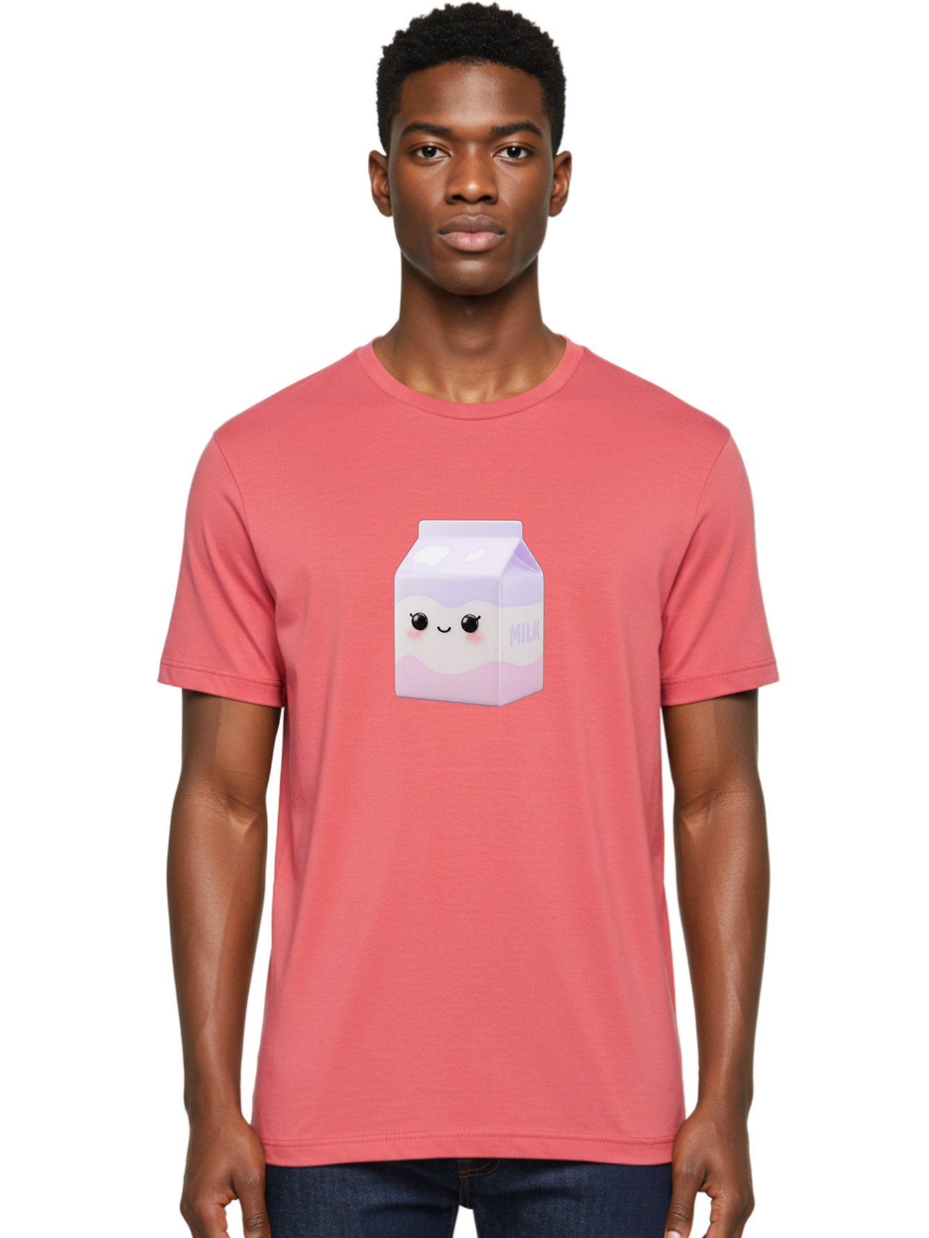 Milk-1 Men'S Graphic Tee, 100% Cotton, Comfortable Casual Summer Wear, Machine Washable, Carton Of Milk, Cute Face, Smiling Eyes, Pink Blush, Kawaii Character, Dairy Product, Funny Illustration, Purple And Pink Colors, Whimsical Design Bae496 20