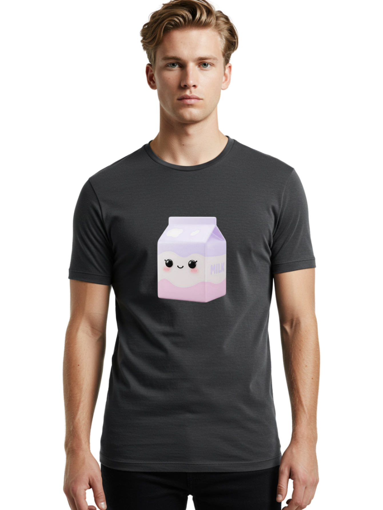 Milk-1 Men'S Graphic Tee, 100% Cotton, Comfortable Casual Summer Wear, Machine Washable, Carton Of Milk, Cute Face, Smiling Eyes, Pink Blush, Kawaii Character, Dairy Product, Funny Illustration, Purple And Pink Colors, Whimsical Design Bae496 19
