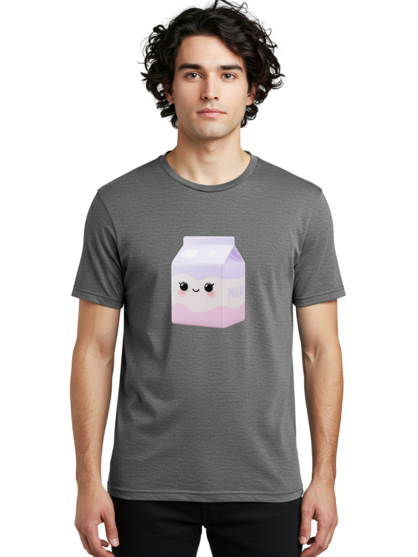 Milk-1 Men'S Graphic Tee, 100% Cotton, Comfortable Casual Summer Wear, Machine Washable, Carton Of Milk, Cute Face, Smiling Eyes, Pink Blush, Kawaii Character, Dairy Product, Funny Illustration, Purple And Pink Colors, Whimsical Design Bae496 22
