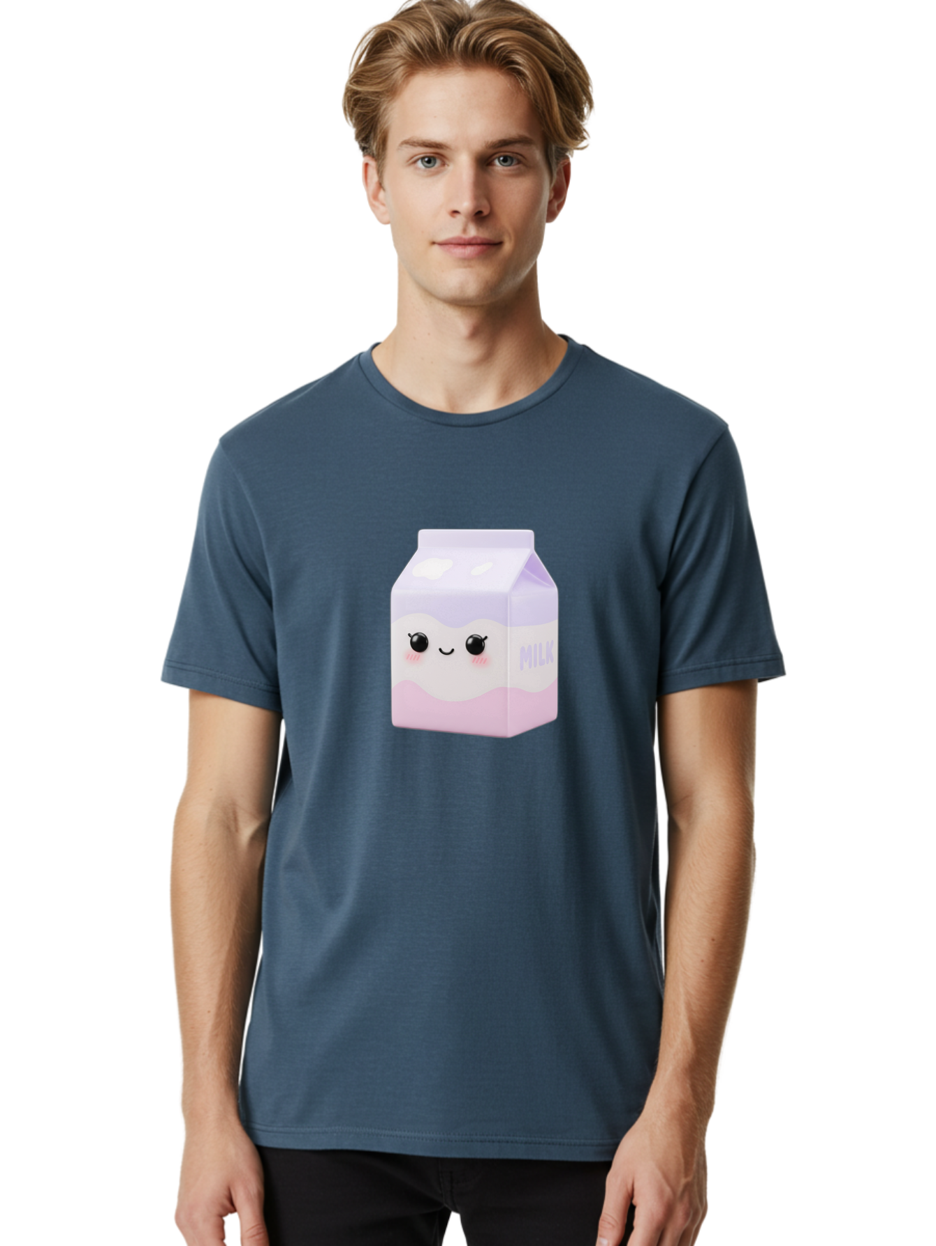 Milk-1 Men'S Graphic Tee, 100% Cotton, Comfortable Casual Summer Wear, Machine Washable, Carton Of Milk, Cute Face, Smiling Eyes, Pink Blush, Kawaii Character, Dairy Product, Funny Illustration, Purple And Pink Colors, Whimsical Design Bae496 29