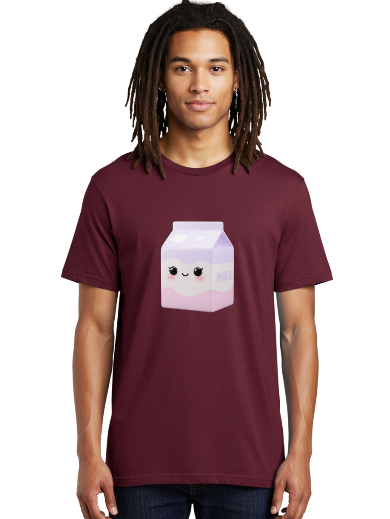 Milk-1 Men'S Graphic Tee, 100% Cotton, Comfortable Casual Summer Wear, Machine Washable, Carton Of Milk, Cute Face, Smiling Eyes, Pink Blush, Kawaii Character, Dairy Product, Funny Illustration, Purple And Pink Colors, Whimsical Design Bae496 25