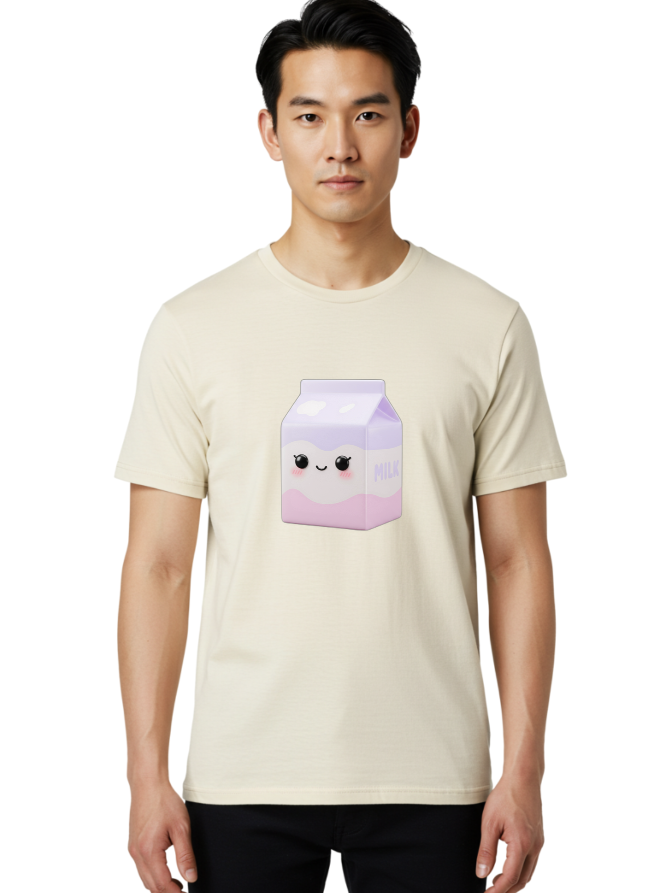 Milk-1 Men'S Graphic Tee, 100% Cotton, Comfortable Casual Summer Wear, Machine Washable, Carton Of Milk, Cute Face, Smiling Eyes, Pink Blush, Kawaii Character, Dairy Product, Funny Illustration, Purple And Pink Colors, Whimsical Design Bae496 27