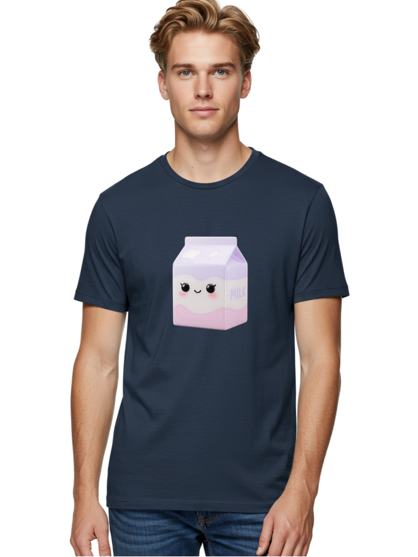Milk-1 Men'S Graphic Tee, 100% Cotton, Comfortable Casual Summer Wear, Machine Washable, Carton Of Milk, Cute Face, Smiling Eyes, Pink Blush, Kawaii Character, Dairy Product, Funny Illustration, Purple And Pink Colors, Whimsical Design Bae496 24