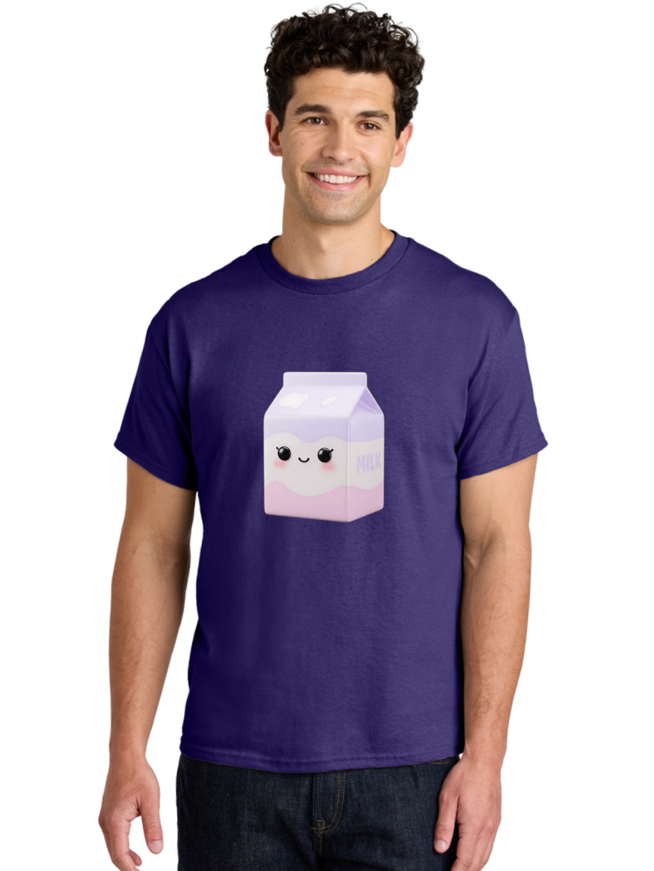 Milk-1 Men'S Graphic Tee, 100% Cotton, Comfortable Casual Summer Wear, Machine Washable, Carton Of Milk, Cute Face, Smiling Eyes, Pink Blush, Kawaii Character, Dairy Product, Funny Illustration, Purple And Pink Colors, Whimsical Design Bae496 18