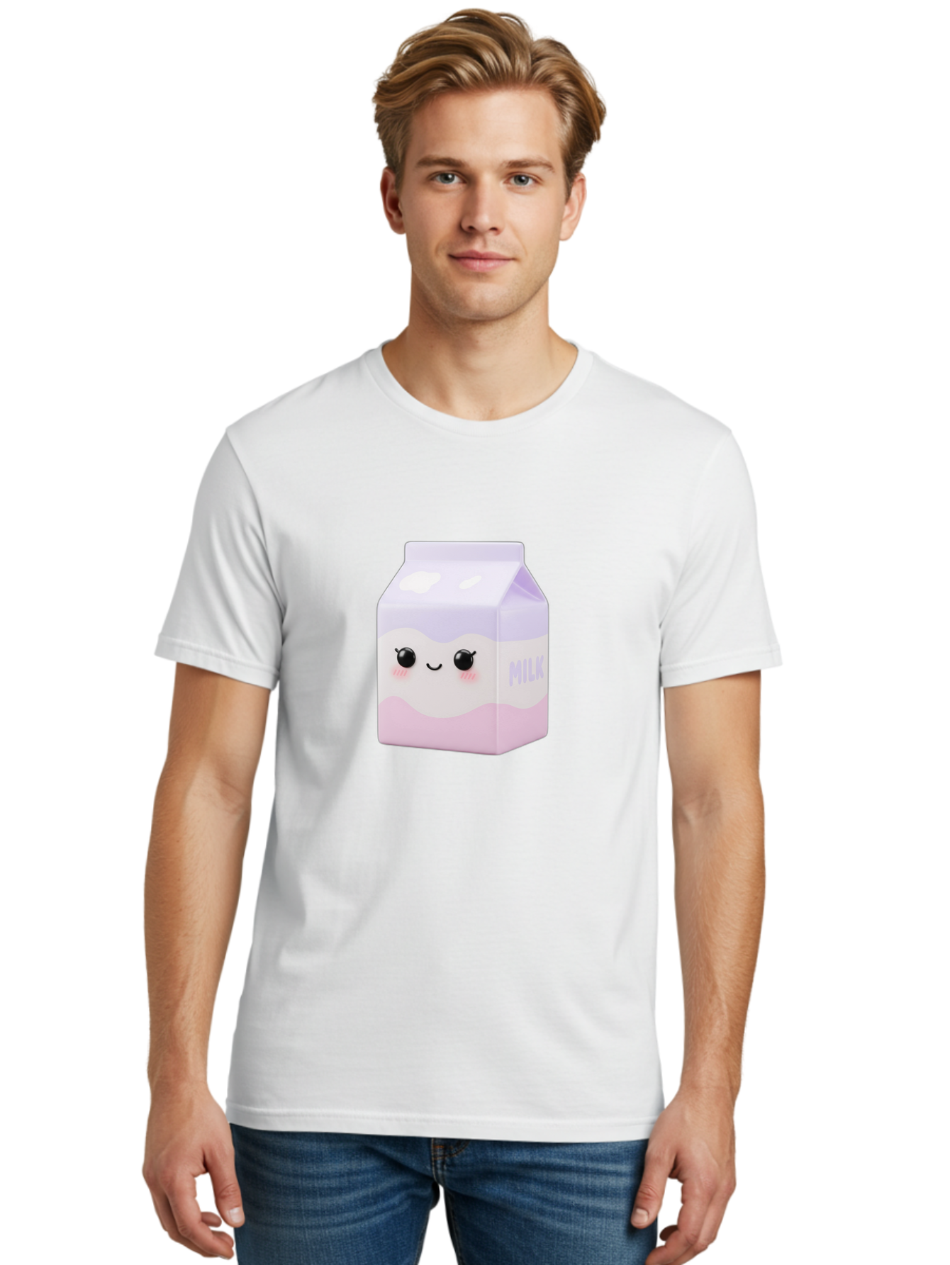 Milk-1 Men'S Graphic Tee, 100% Cotton, Comfortable Casual Summer Wear, Machine Washable, Carton Of Milk, Cute Face, Smiling Eyes, Pink Blush, Kawaii Character, Dairy Product, Funny Illustration, Purple And Pink Colors, Whimsical Design Bae496 23