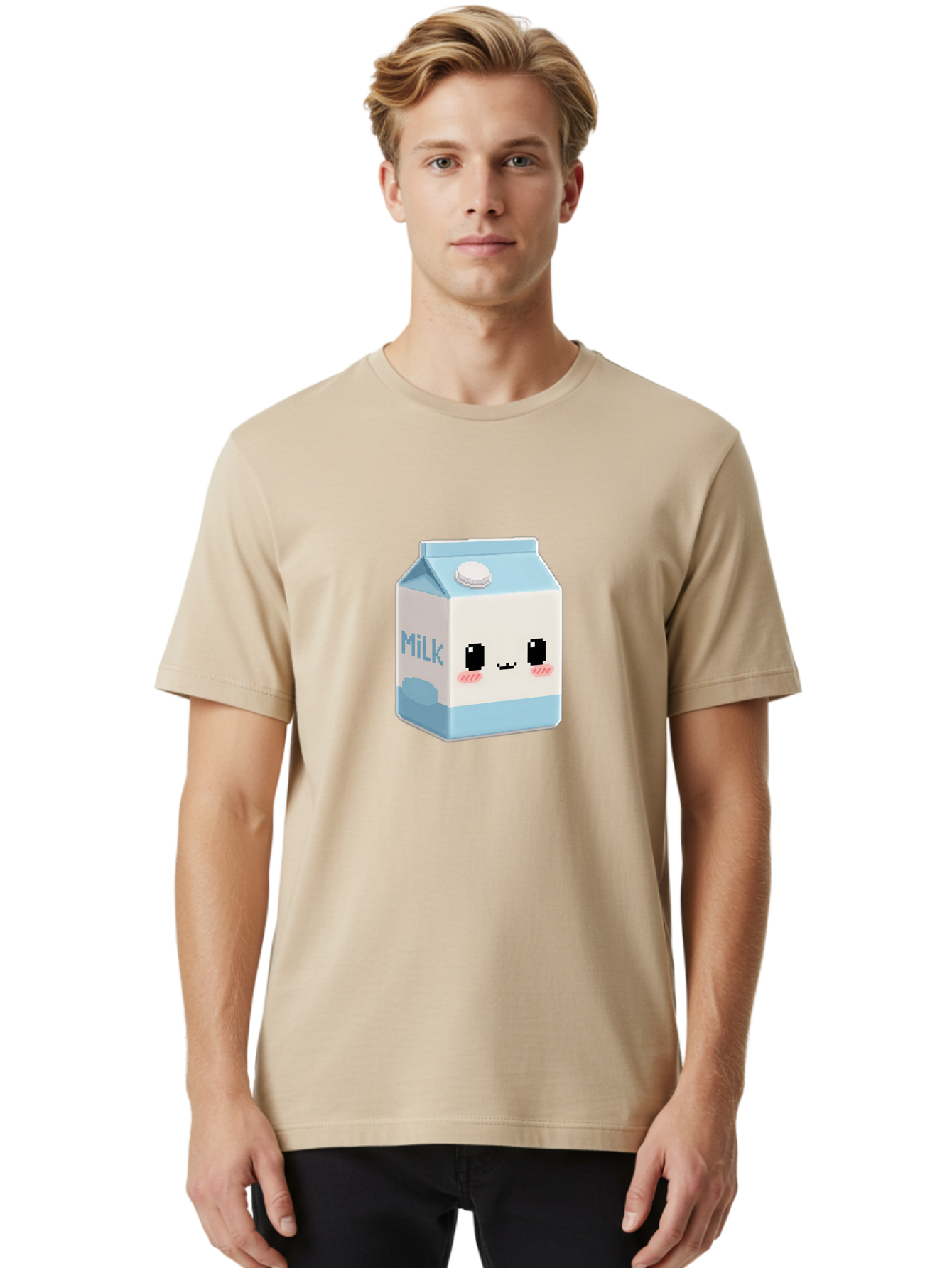 Milk-3 Men'S Graphic Tee, 100% Cotton, Comfortable Casual Summer Wear, Machine Washable, Cartoon Milk Carton, Cute Character Design, Pixel Art Style, Adorable Face, Kawaii Culture, Milk Beverage, Dairy Product, 8-Bit Aesthetic, Bae498 24