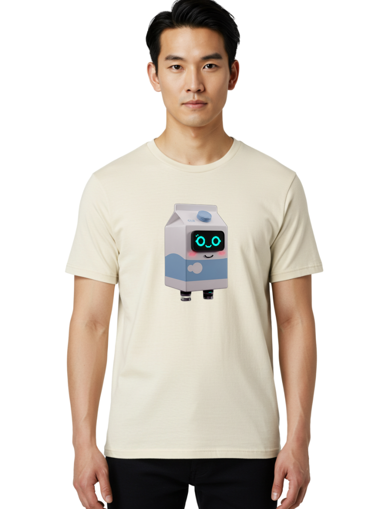 Milk-Carton-Robot Men'S Graphic Tee, 100% Cotton, Comfortable Casual Summer Wear, Machine Washable, Cartoon Milk Carton, Robot Character, Glowing Blue Eyes, Smiling Face, Cute Design, Childrens Illustration, 3D Rendering, Fun And Playful, Bae502 19