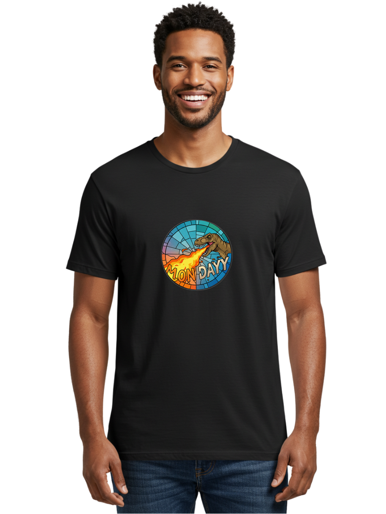 Mon-Dayy Men'S Graphic Tee, 100% Cotton, Comfortable Casual Summer Wear, Machine Washable, Cartoon T-Rex, Stained Glass Art, Fire-Breathing Dinosaur, Monday Motivation, Humorous Graphic, Bold Font, Dinosaur Artwork, Funny T-Rex Bae506 29