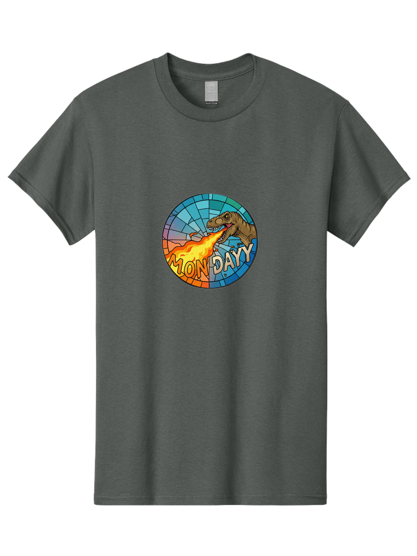 Mon-Dayy Men'S Graphic Tee, 100% Cotton, Comfortable Casual Summer Wear, Machine Washable, Cartoon T-Rex, Stained Glass Art, Fire-Breathing Dinosaur, Monday Motivation, Humorous Graphic, Bold Font, Dinosaur Artwork, Funny T-Rex Bae506 12