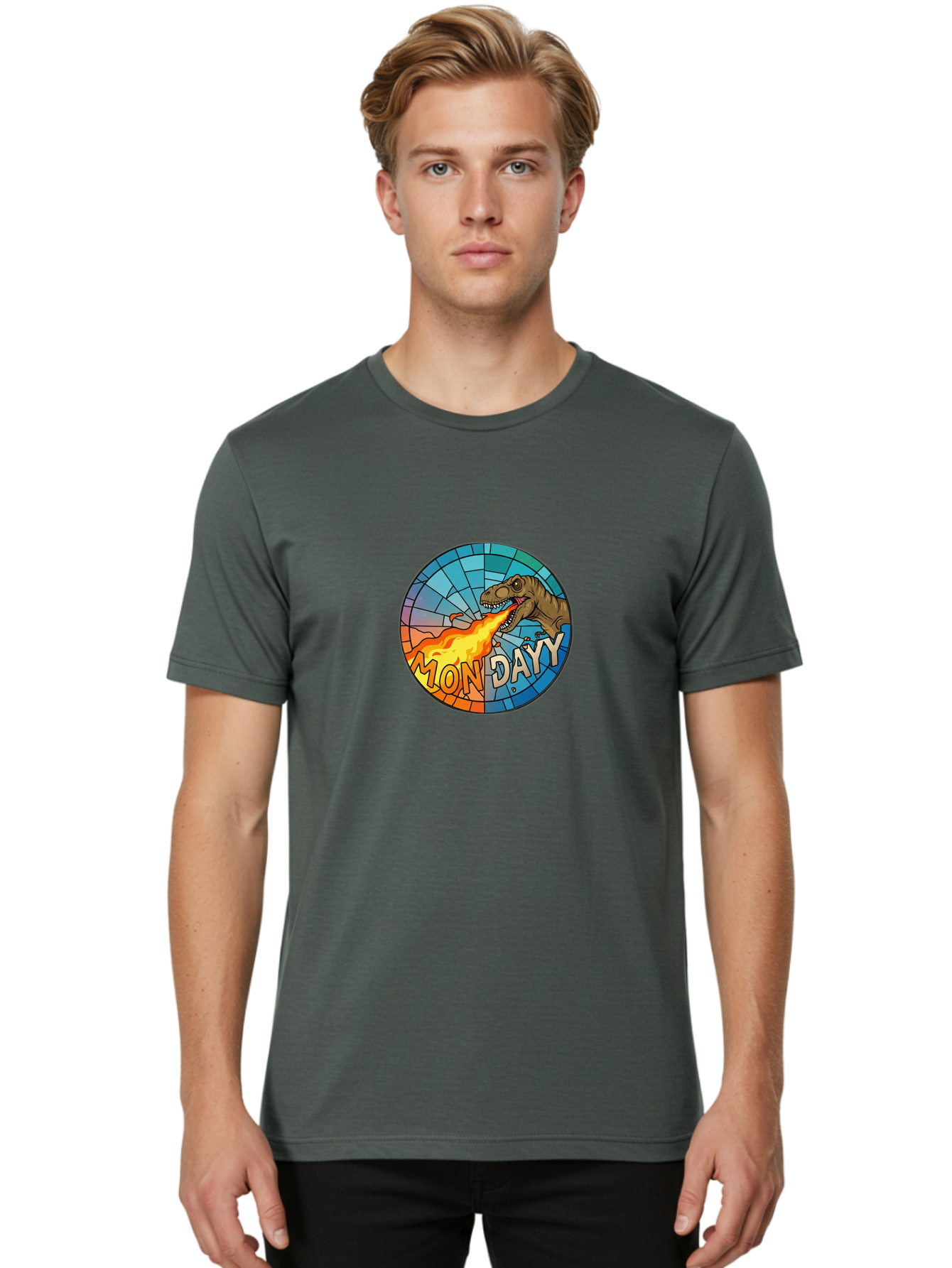 Mon-Dayy Men'S Graphic Tee, 100% Cotton, Comfortable Casual Summer Wear, Machine Washable, Cartoon T-Rex, Stained Glass Art, Fire-Breathing Dinosaur, Monday Motivation, Humorous Graphic, Bold Font, Dinosaur Artwork, Funny T-Rex Bae506 27