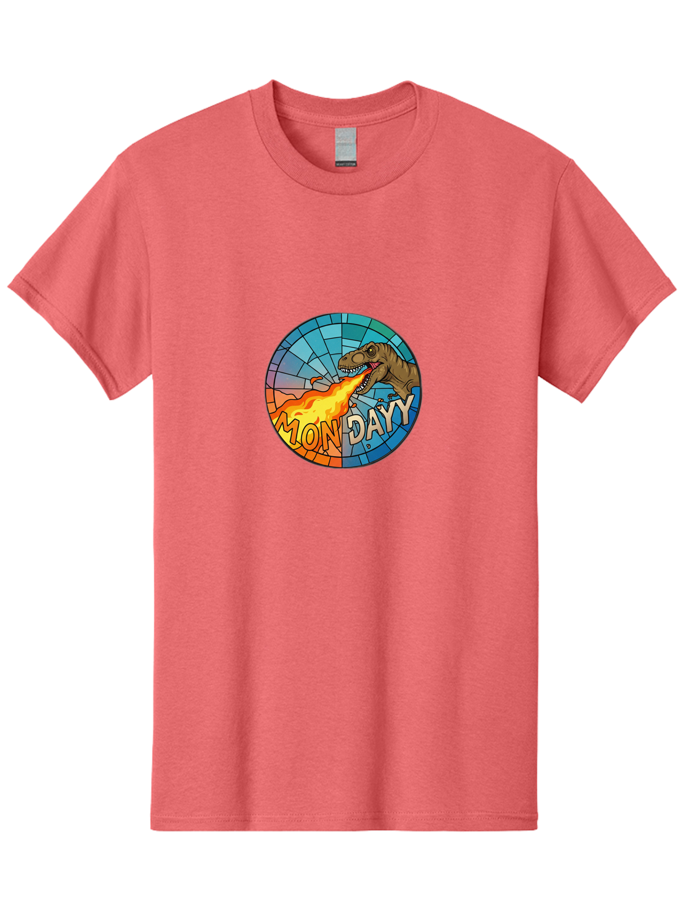 Mon-Dayy Men'S Graphic Tee, 100% Cotton, Comfortable Casual Summer Wear, Machine Washable, Cartoon T-Rex, Stained Glass Art, Fire-Breathing Dinosaur, Monday Motivation, Humorous Graphic, Bold Font, Dinosaur Artwork, Funny T-Rex Bae506 8