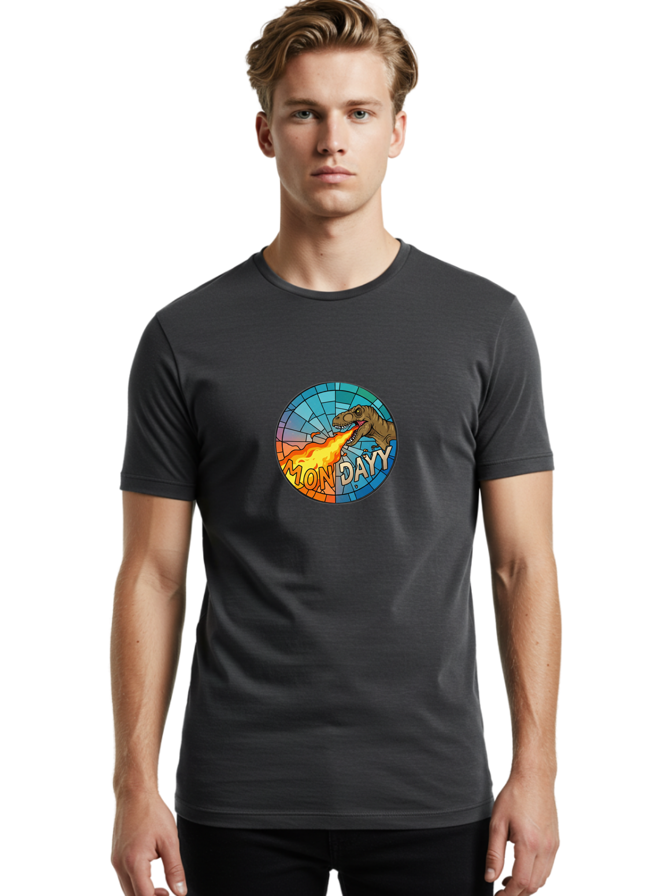 Mon-Dayy Men'S Graphic Tee, 100% Cotton, Comfortable Casual Summer Wear, Machine Washable, Cartoon T-Rex, Stained Glass Art, Fire-Breathing Dinosaur, Monday Motivation, Humorous Graphic, Bold Font, Dinosaur Artwork, Funny T-Rex Bae506 17