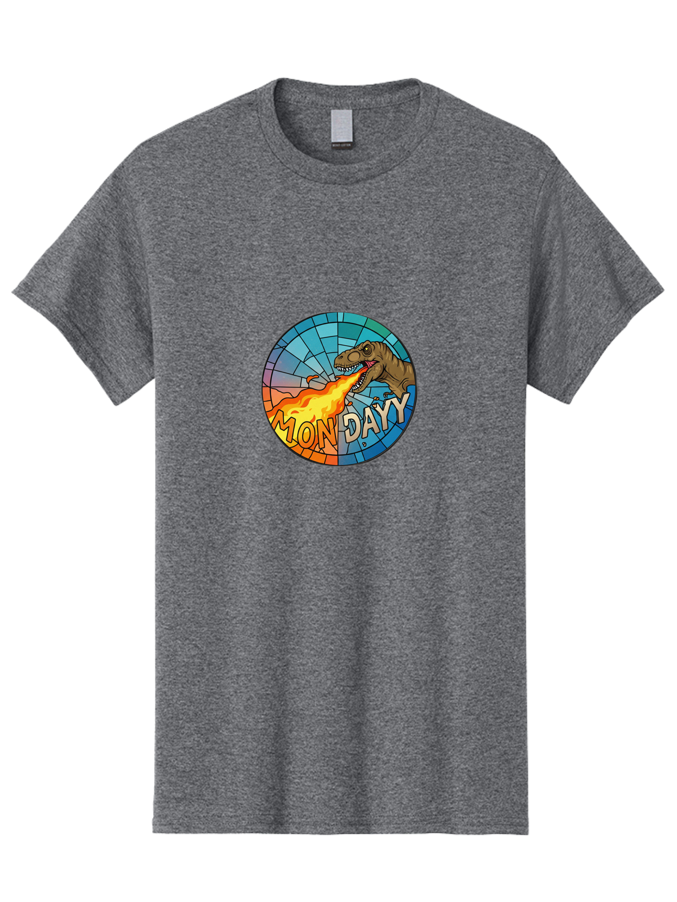 Mon-Dayy Men'S Graphic Tee, 100% Cotton, Comfortable Casual Summer Wear, Machine Washable, Cartoon T-Rex, Stained Glass Art, Fire-Breathing Dinosaur, Monday Motivation, Humorous Graphic, Bold Font, Dinosaur Artwork, Funny T-Rex Bae506 6