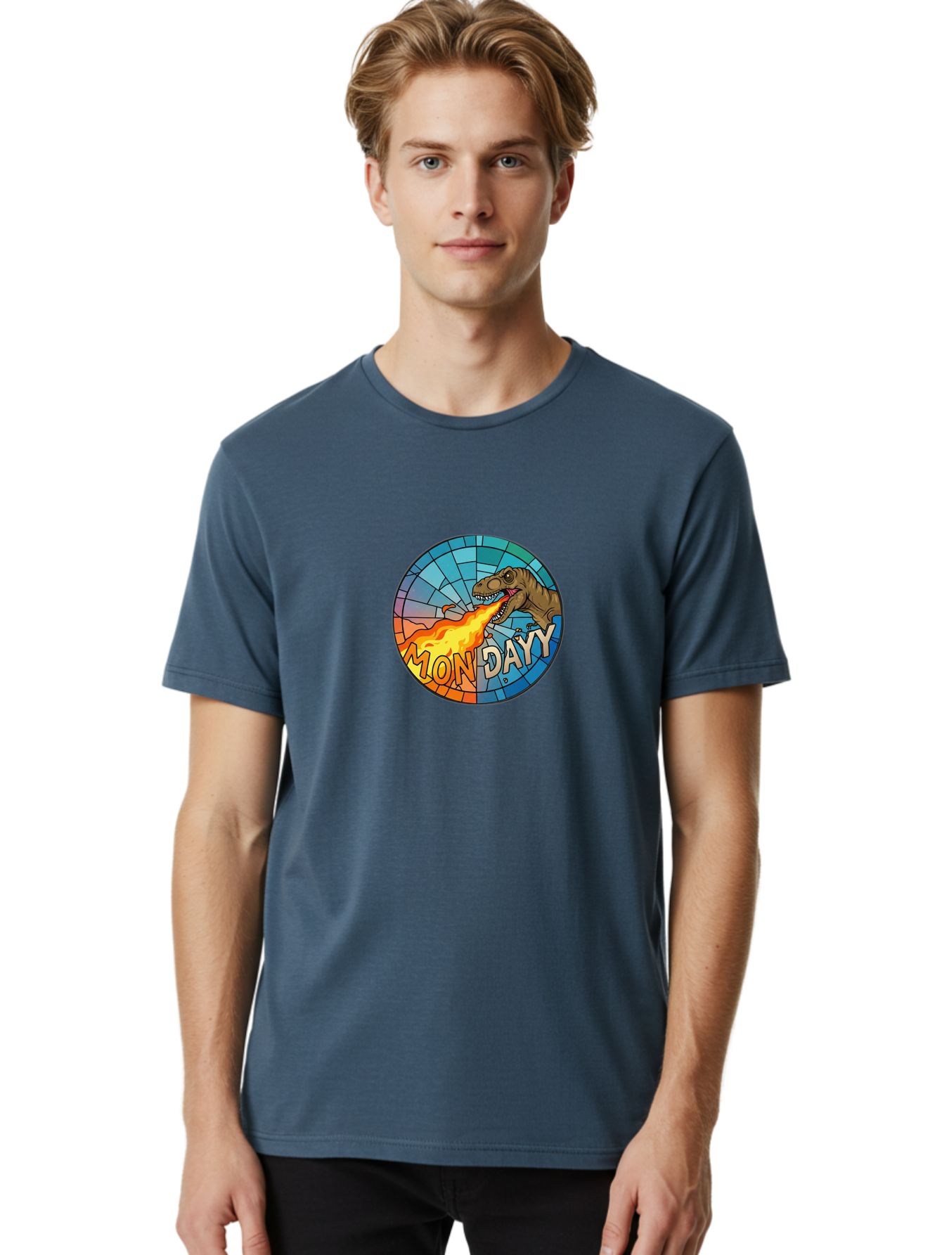 Mon-Dayy Men'S Graphic Tee, 100% Cotton, Comfortable Casual Summer Wear, Machine Washable, Cartoon T-Rex, Stained Glass Art, Fire-Breathing Dinosaur, Monday Motivation, Humorous Graphic, Bold Font, Dinosaur Artwork, Funny T-Rex Bae506 26