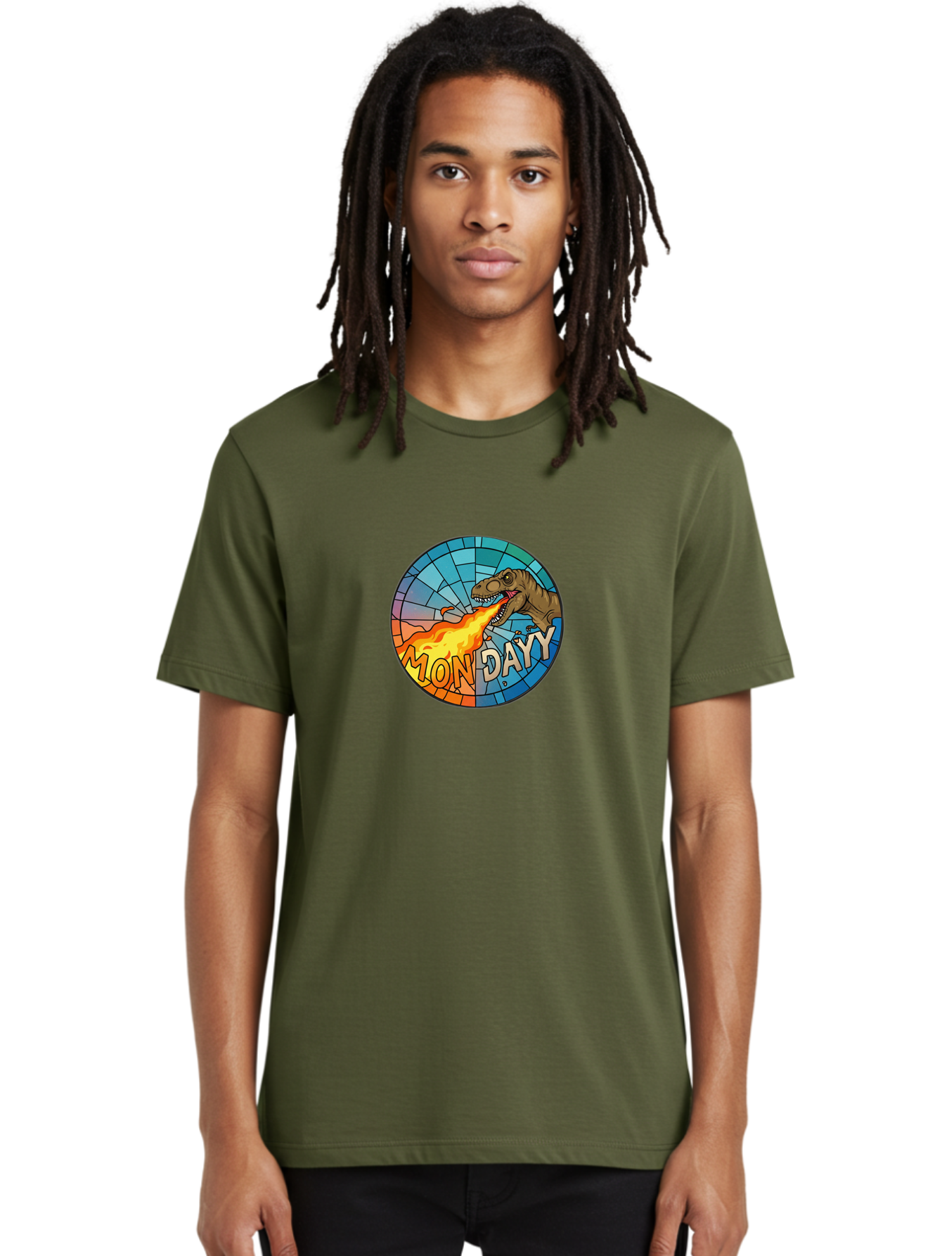 Mon-Dayy Men'S Graphic Tee, 100% Cotton, Comfortable Casual Summer Wear, Machine Washable, Cartoon T-Rex, Stained Glass Art, Fire-Breathing Dinosaur, Monday Motivation, Humorous Graphic, Bold Font, Dinosaur Artwork, Funny T-Rex Bae506 20