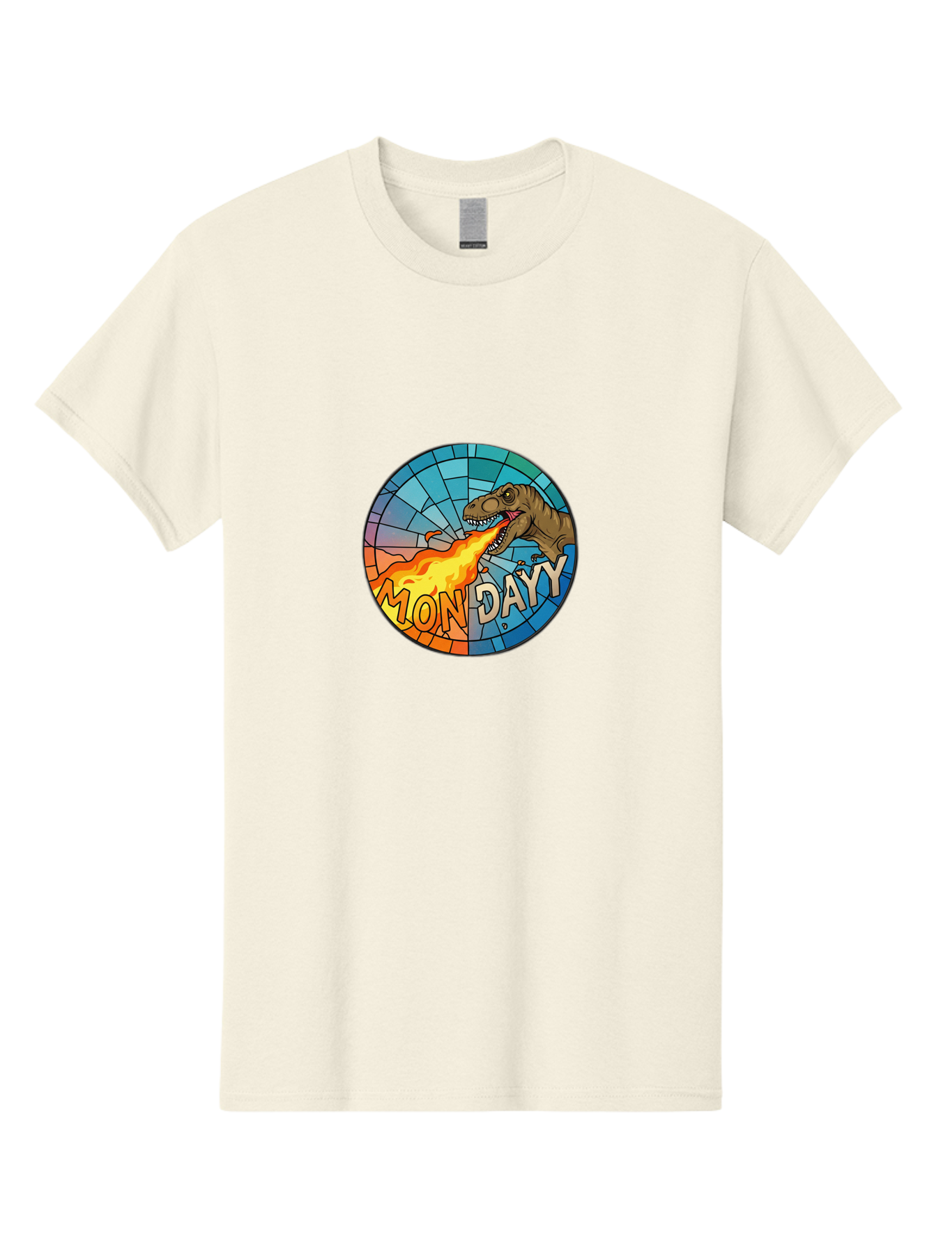 Mon-Dayy Men'S Graphic Tee, 100% Cotton, Comfortable Casual Summer Wear, Machine Washable, Cartoon T-Rex, Stained Glass Art, Fire-Breathing Dinosaur, Monday Motivation, Humorous Graphic, Bold Font, Dinosaur Artwork, Funny T-Rex Bae506 13